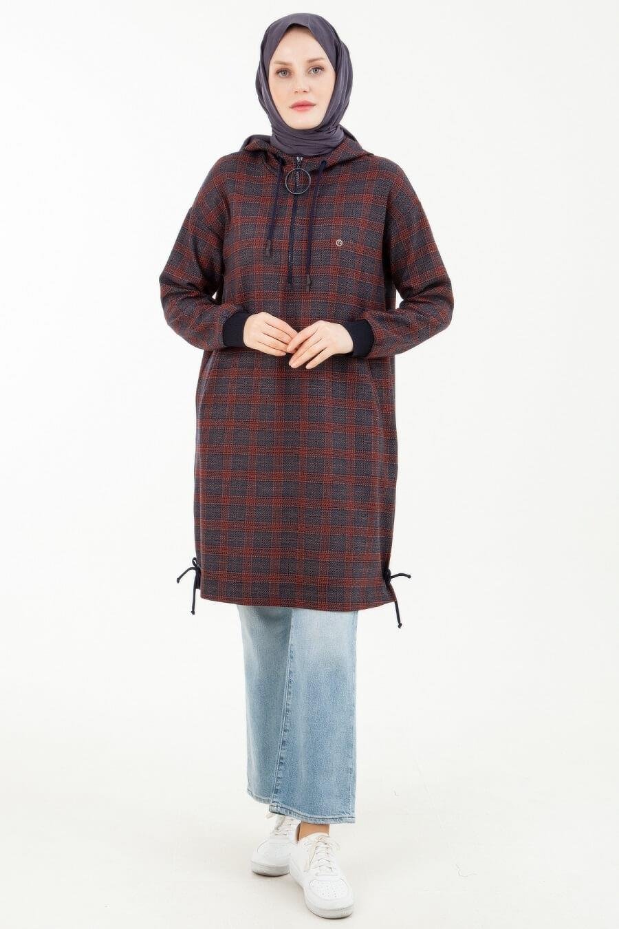 Armine Trend Ekose Desenli Önden Fermuarlı Kapüşonlu Tunik Bordo 23KT443