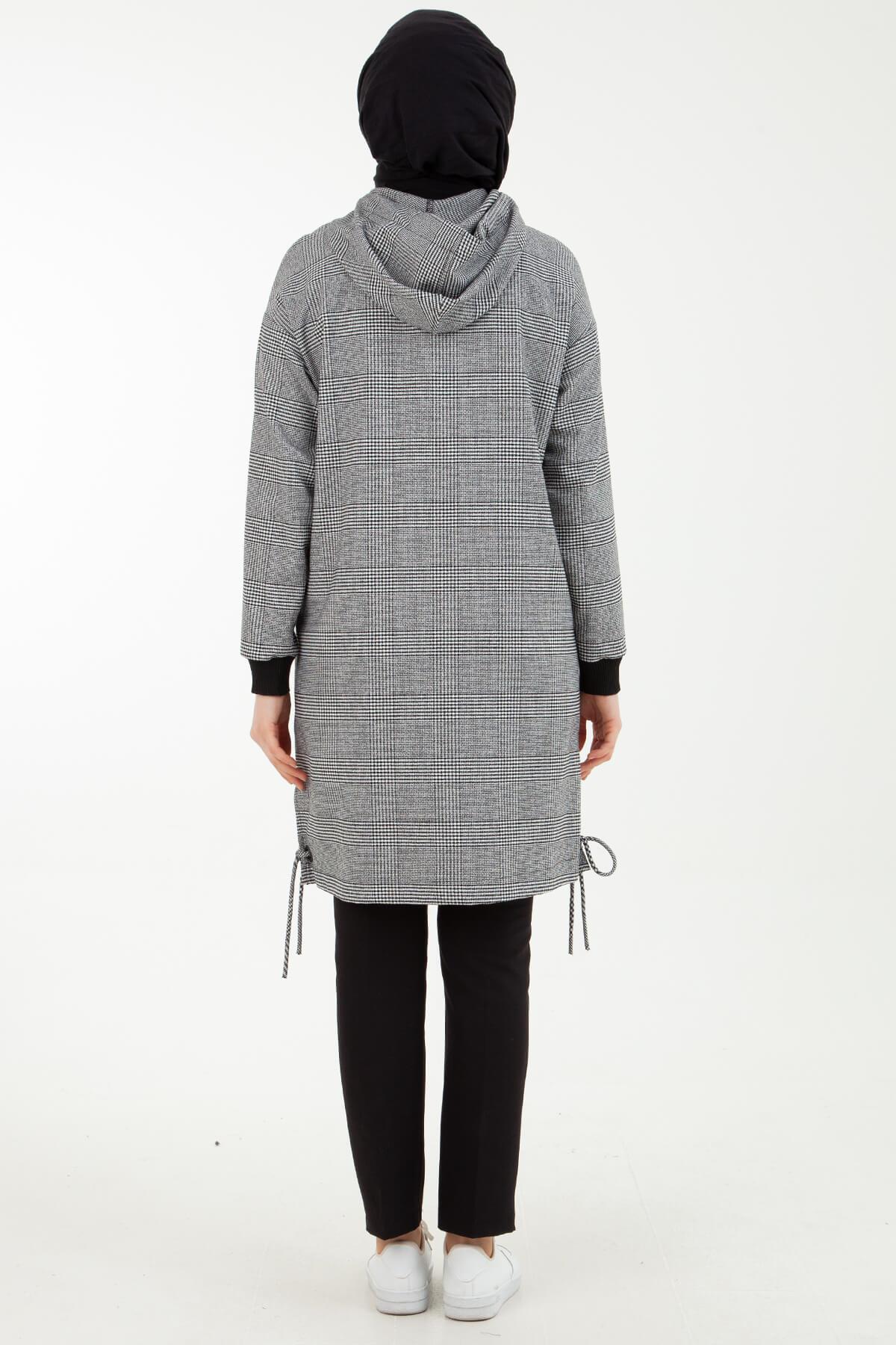 Armine Trend Ekose Desenli Önden Fermuarlı Kapüşonlu Tunik Siyah 23KT450