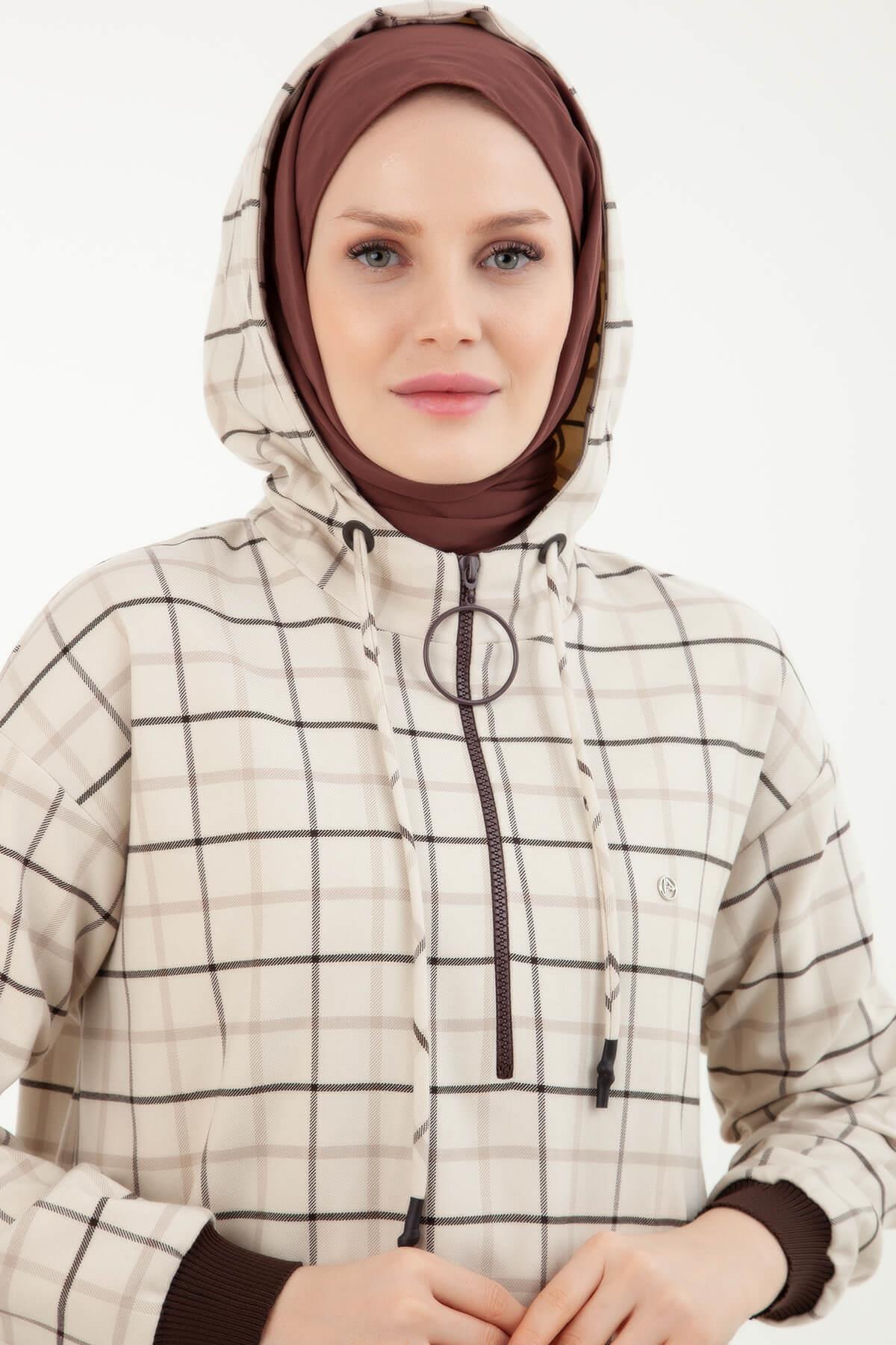 Armine Trend Ekose Desenli Önden Fermuarlı Kapüşonlu Tunik Bej 23KT450