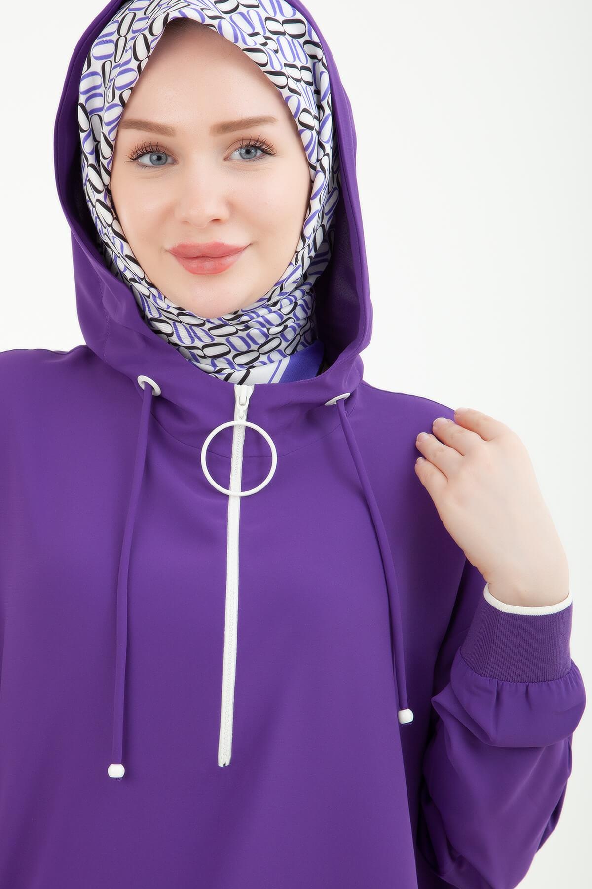 ARMİNE TREND Kapüşonlu Etek Ucları Yırtmaç Detaylı Fermuarlı Tunik Mor 24YT461