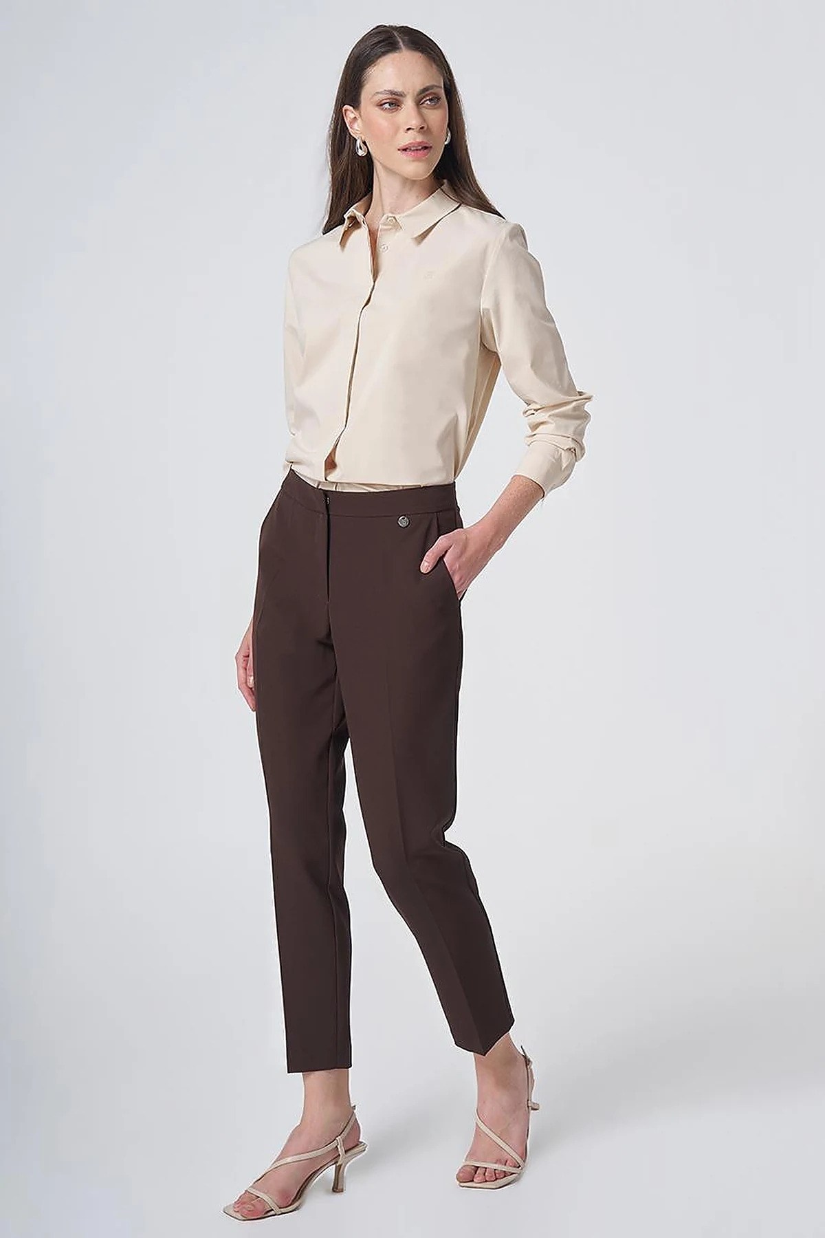 Cep Detaylı Basic Kumaş Pantolon Koyu Kahve KA-SZ-1952