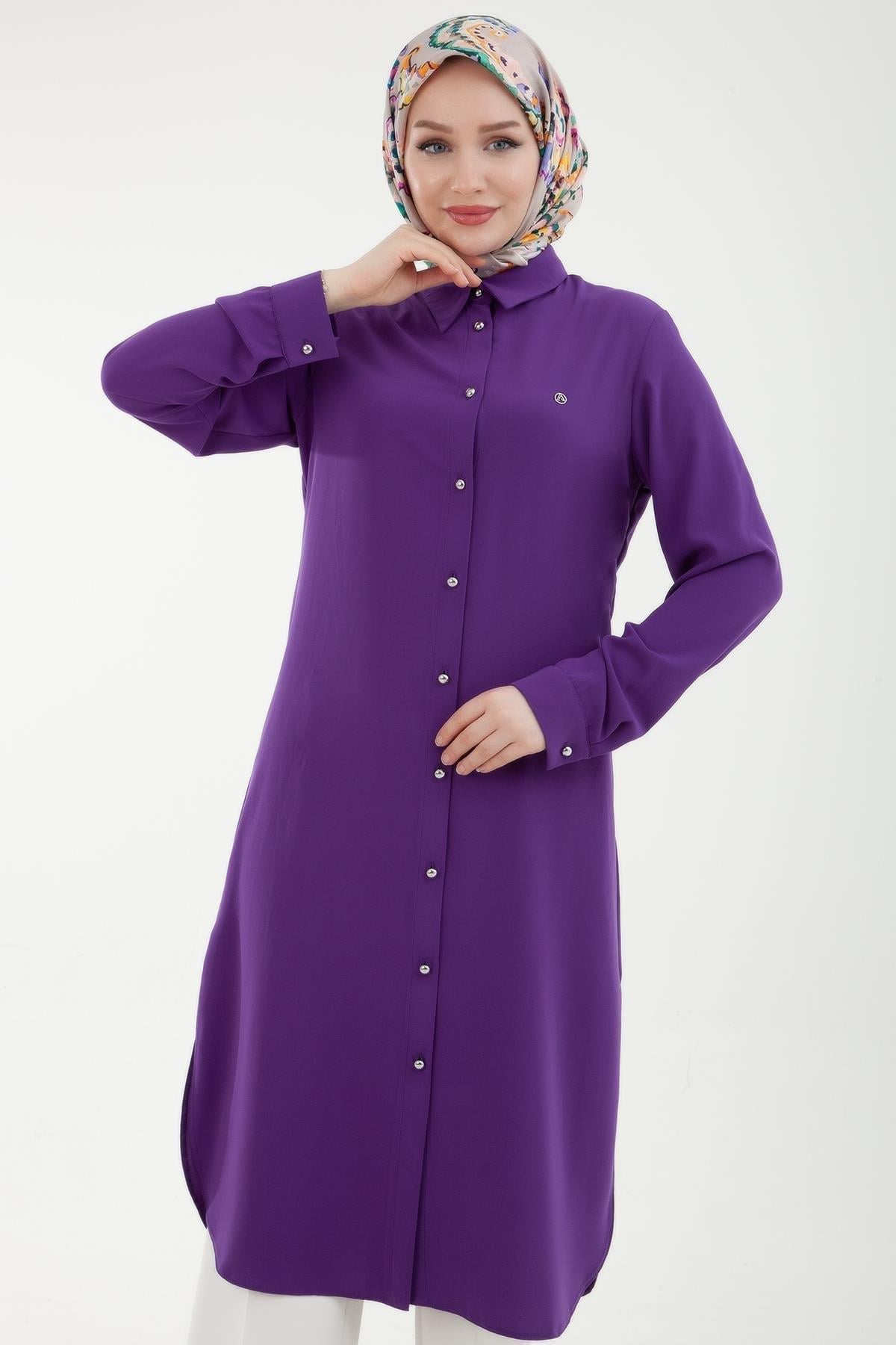 ARMİNE TREND Gömlek Yakalı Kolu Manşetli Düğmeli Tunik Mor 24YT430
