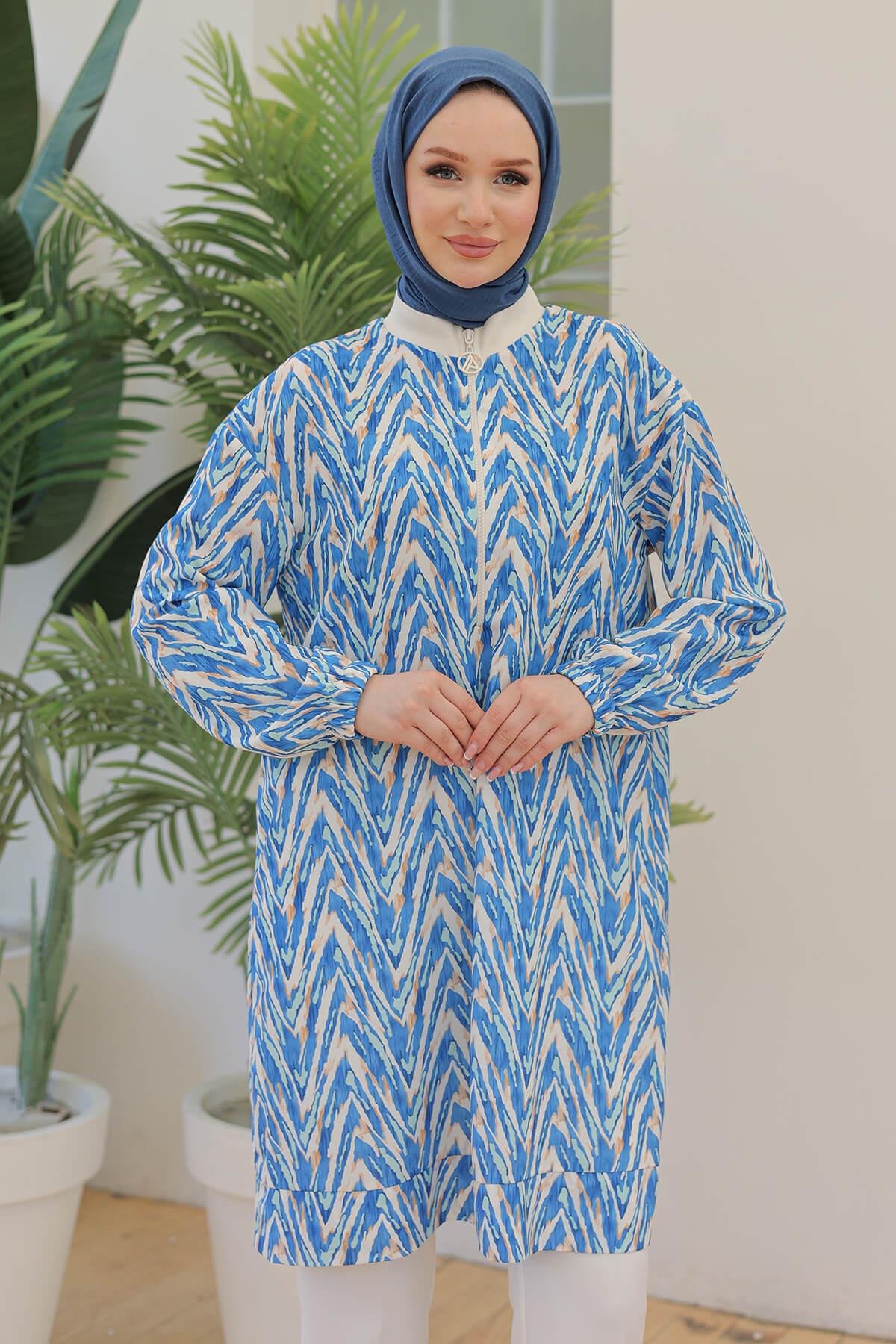 Armine TREND Ön Fermuarlı Desenli Tunik Mavi 24YT431