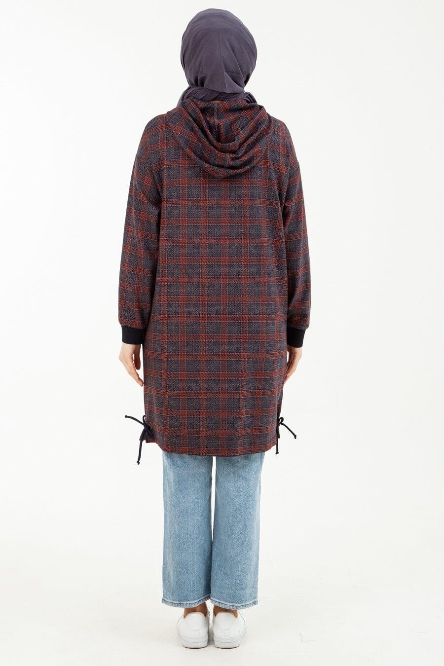 Armine Trend Ekose Desenli Önden Fermuarlı Kapüşonlu Tunik Bordo 23KT443