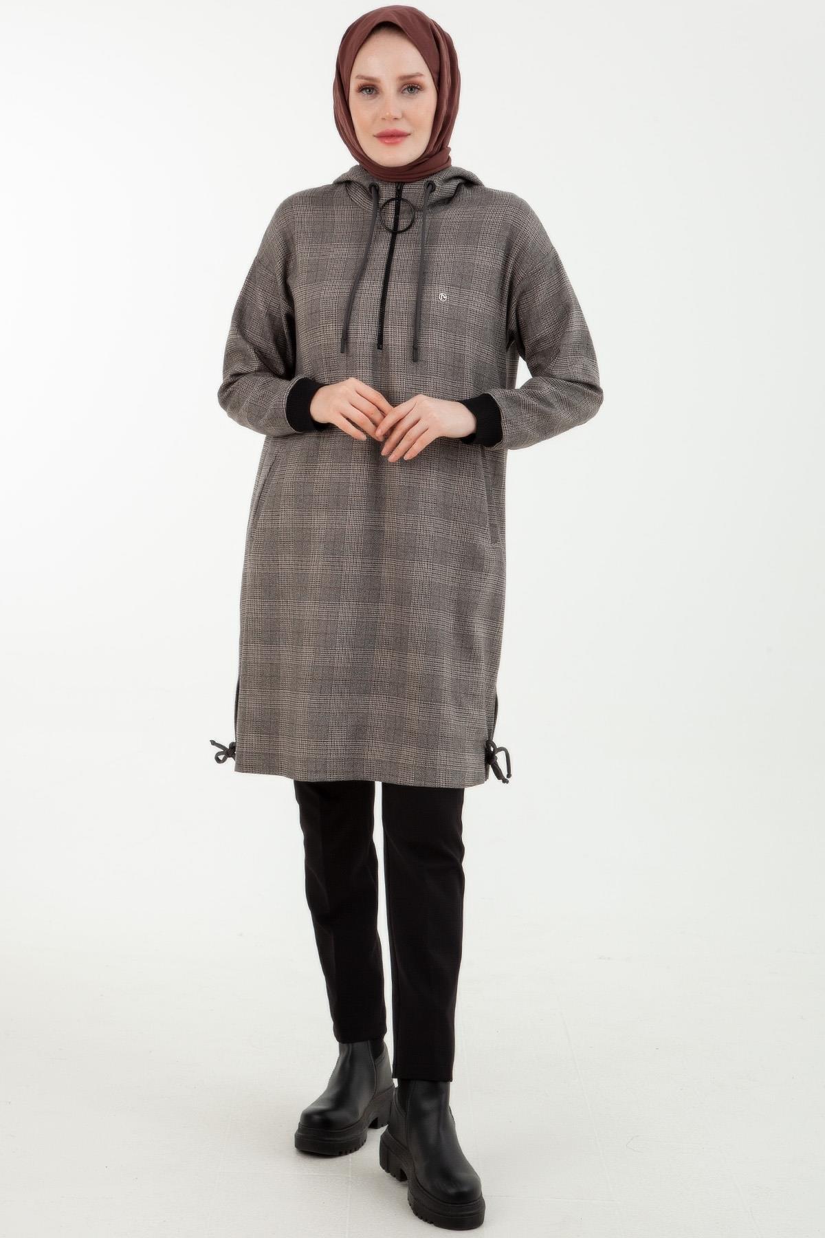 Armine Trend Ekose Desenli Önden Fermuarlı Kapüşonlu Tunik Vizon 23KT443