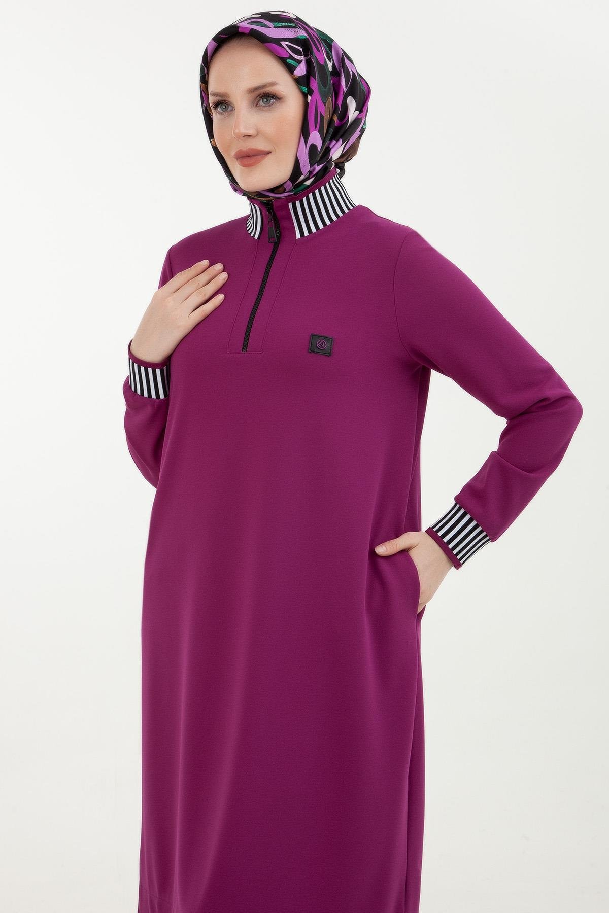 Armine Trend Çizgi Detaylı Lastik Ribana Tunik Erguvan 23KT423