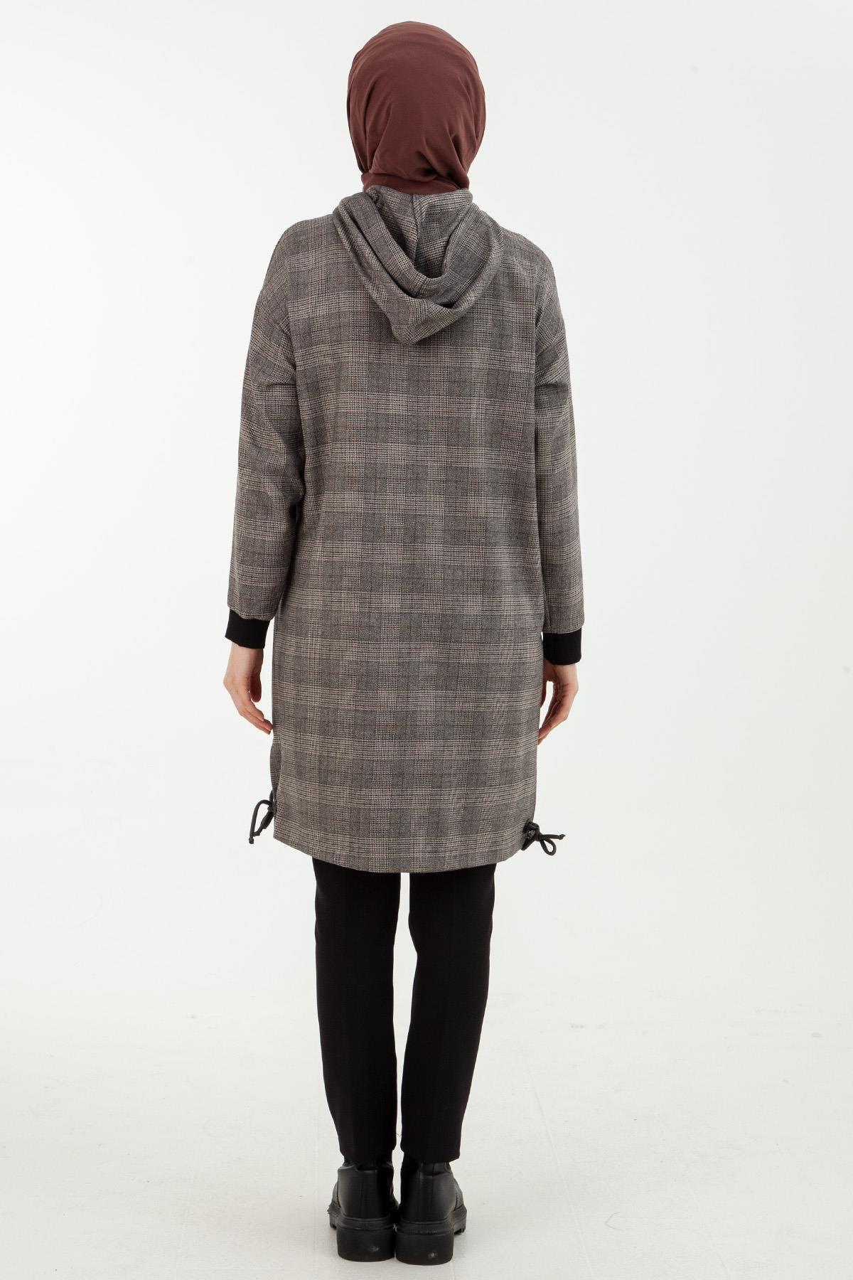 Armine Trend Ekose Desenli Önden Fermuarlı Kapüşonlu Tunik Vizon 23KT443