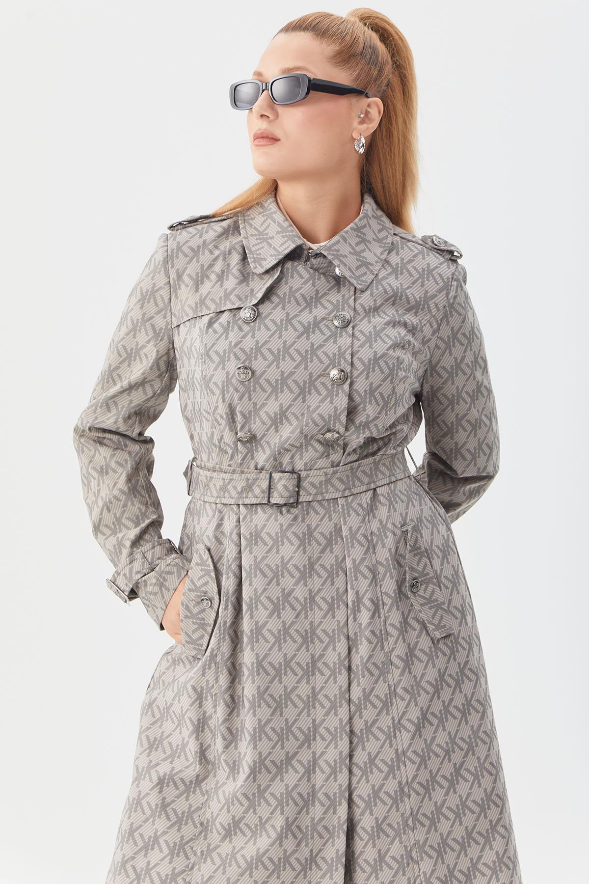 KAYRA Monogram Desen Kruvaze Trençkot KA-B23-14004 Vizon