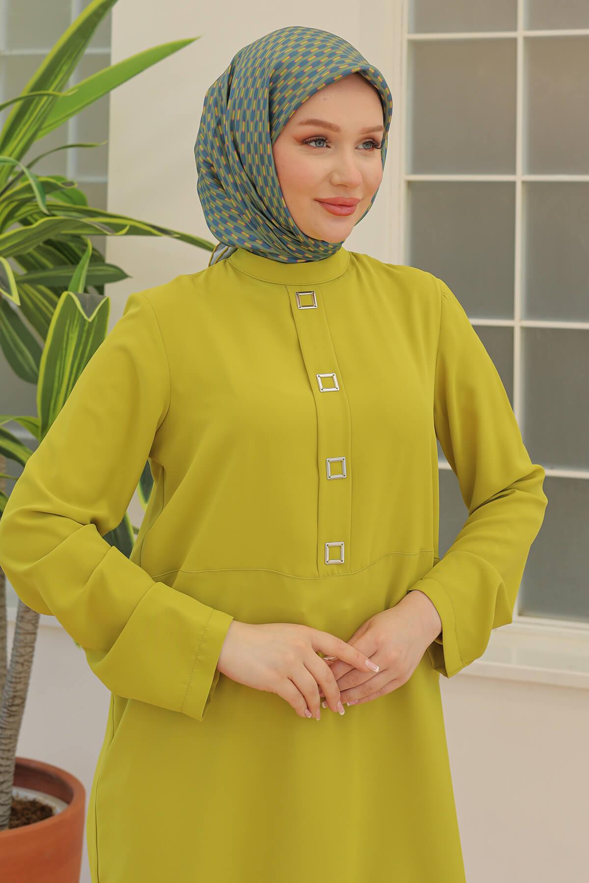 ARMİNE TREND Kare Çıtçıtlı Tunik Fıstık Yeşil 24YT451
