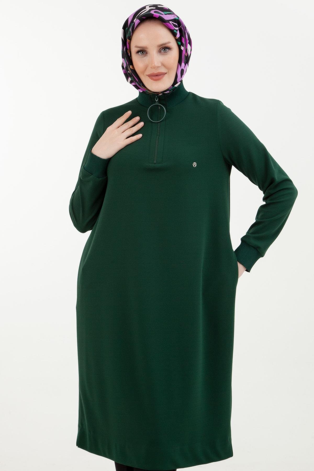 Armine Trend Yakası Halka Fermuarlı Tunik Zümrüt 23kt442