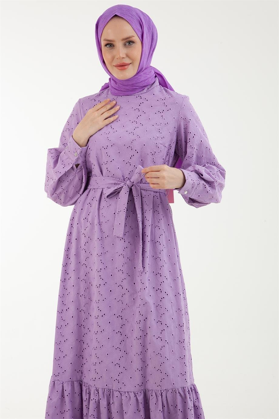 ARMİNE TREND Güpür Detaylı Arkadan Fermuarlı Belden Bağlamalı Elbise-Lila 23YT932