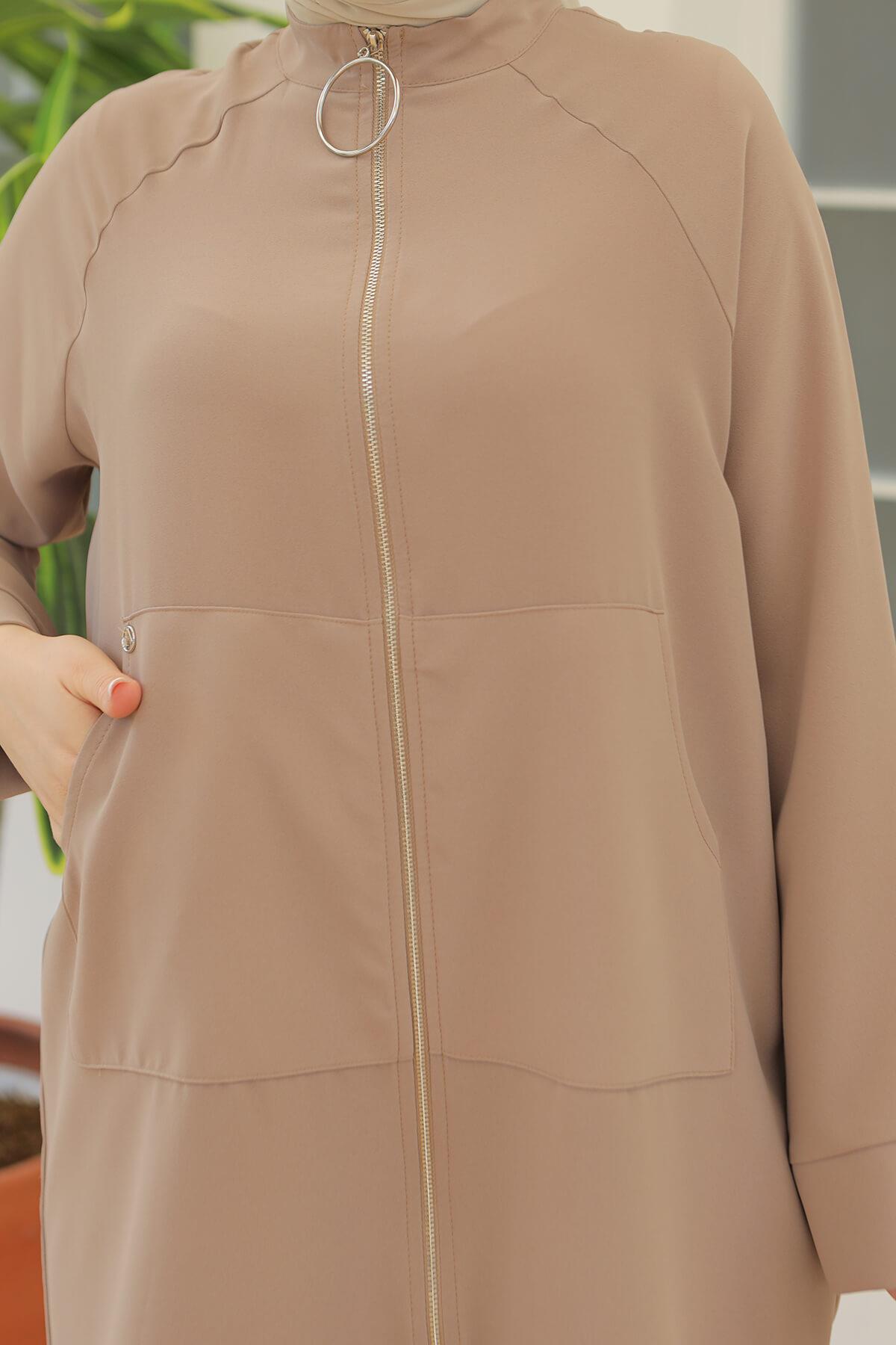ARMİNE TREND İpek Krep Kumaşlı Sırtı Yıldızlı Fermuarlı Tunik Bej 24YT560