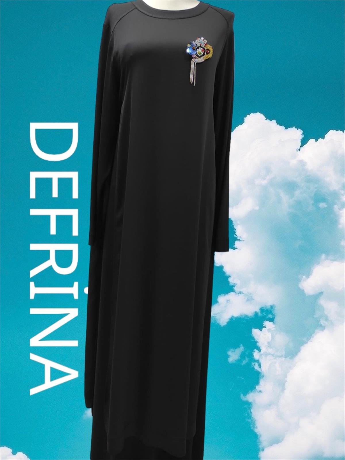 Defrina Krep Komb. Broş Detaylı Elbise 41005 Siyah