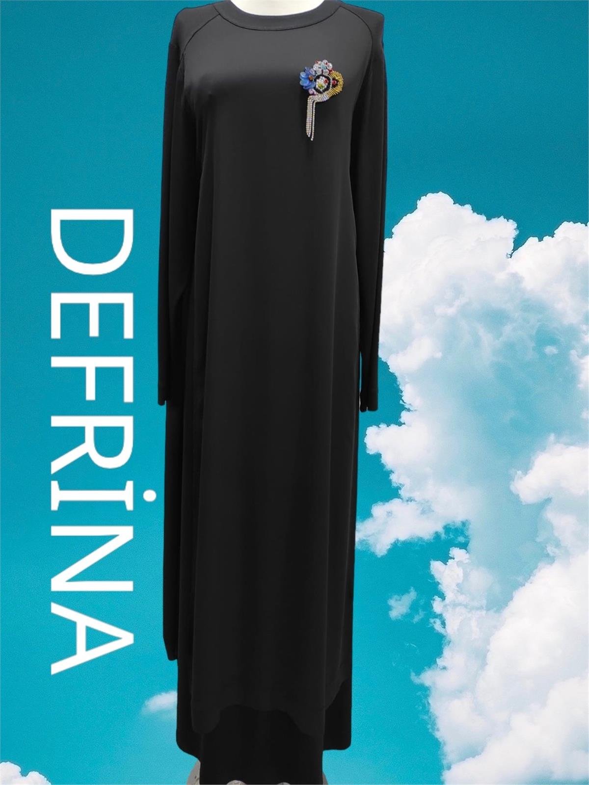 Defrina Krep Komb. Broş Detaylı Elbise 41005 Siyah