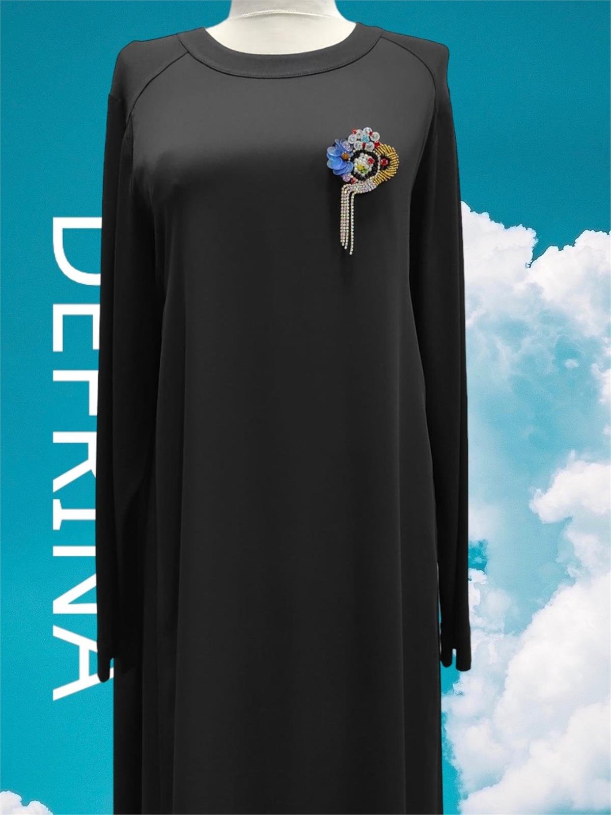 Defrina Krep Komb. Broş Detaylı Elbise 41005 Siyah