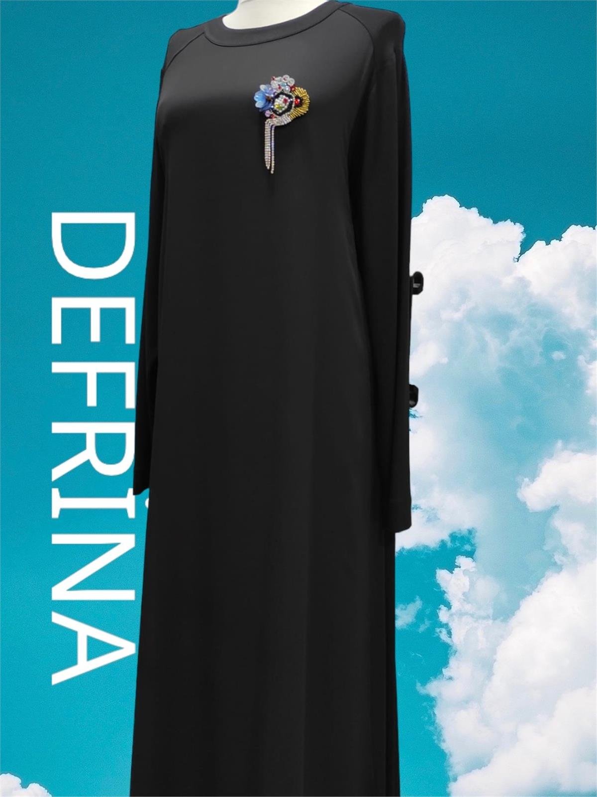 Defrina Krep Komb. Broş Detaylı Elbise 41005 Siyah