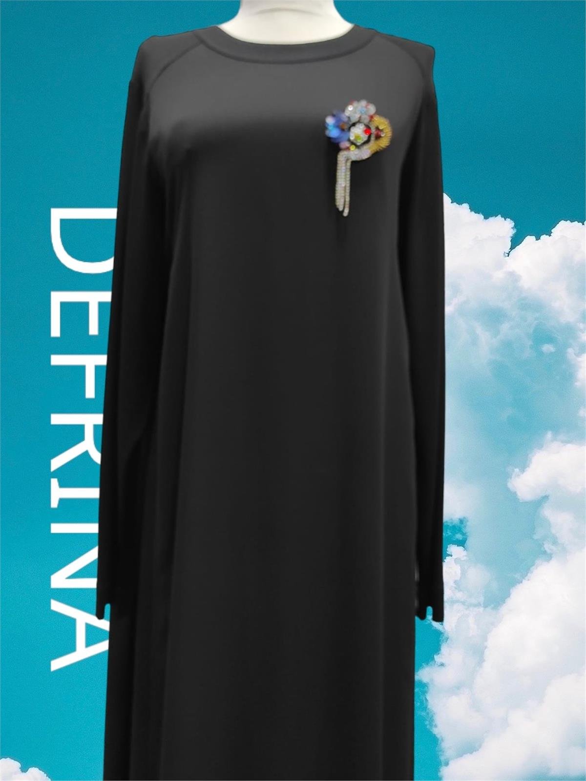 Defrina Krep Komb. Broş Detaylı Elbise 41005 Siyah