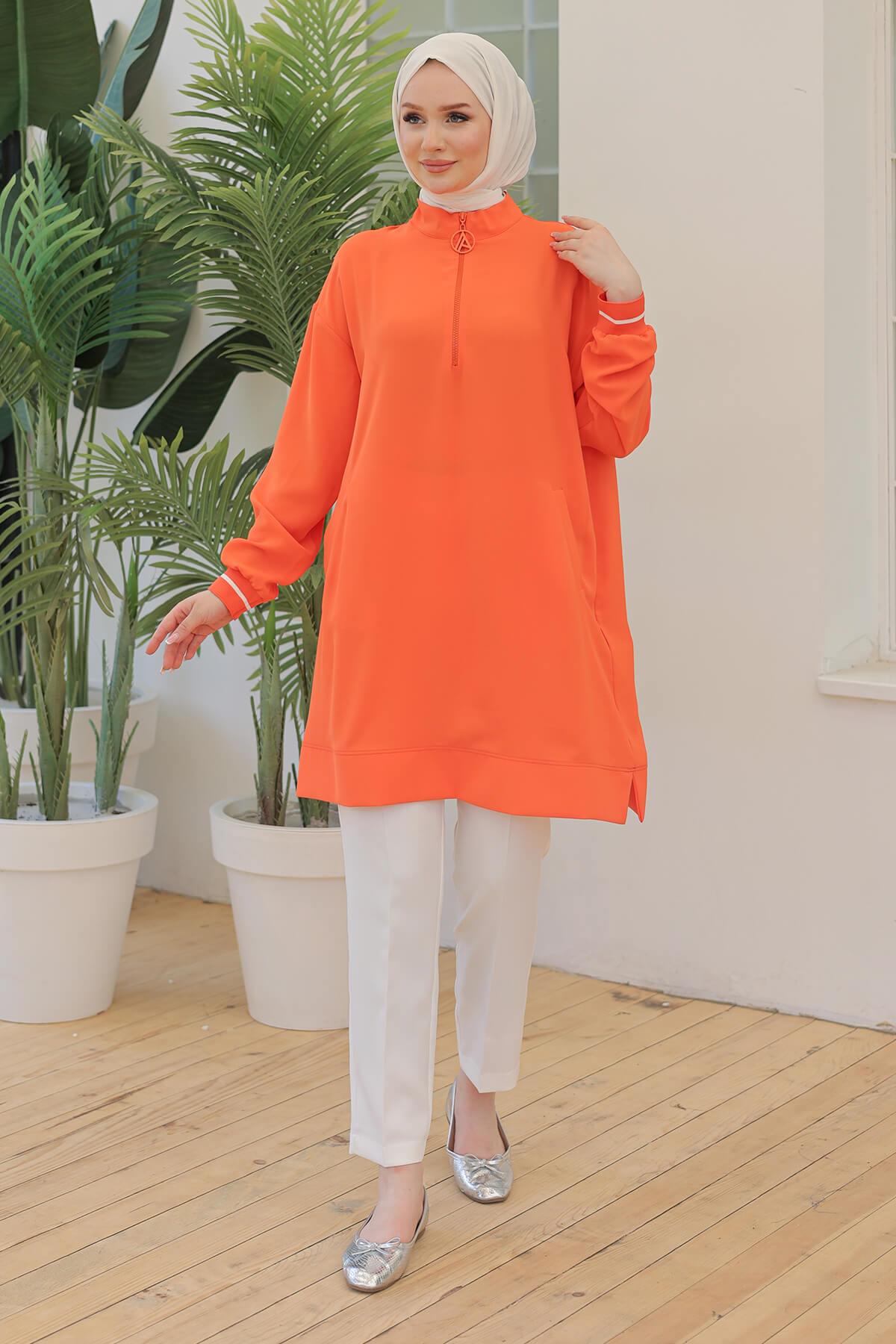 ARMİNE TREND Kolları Ribanalı Yarım Fermuarlı Tunik Mercan 24YT469
