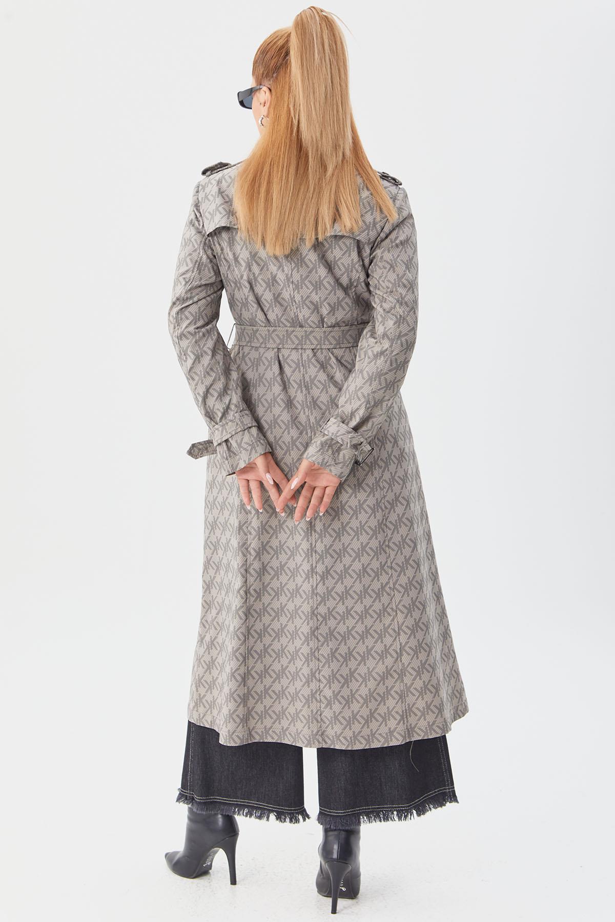 KAYRA Monogram Desen Kruvaze Trençkot KA-B23-14004 Vizon