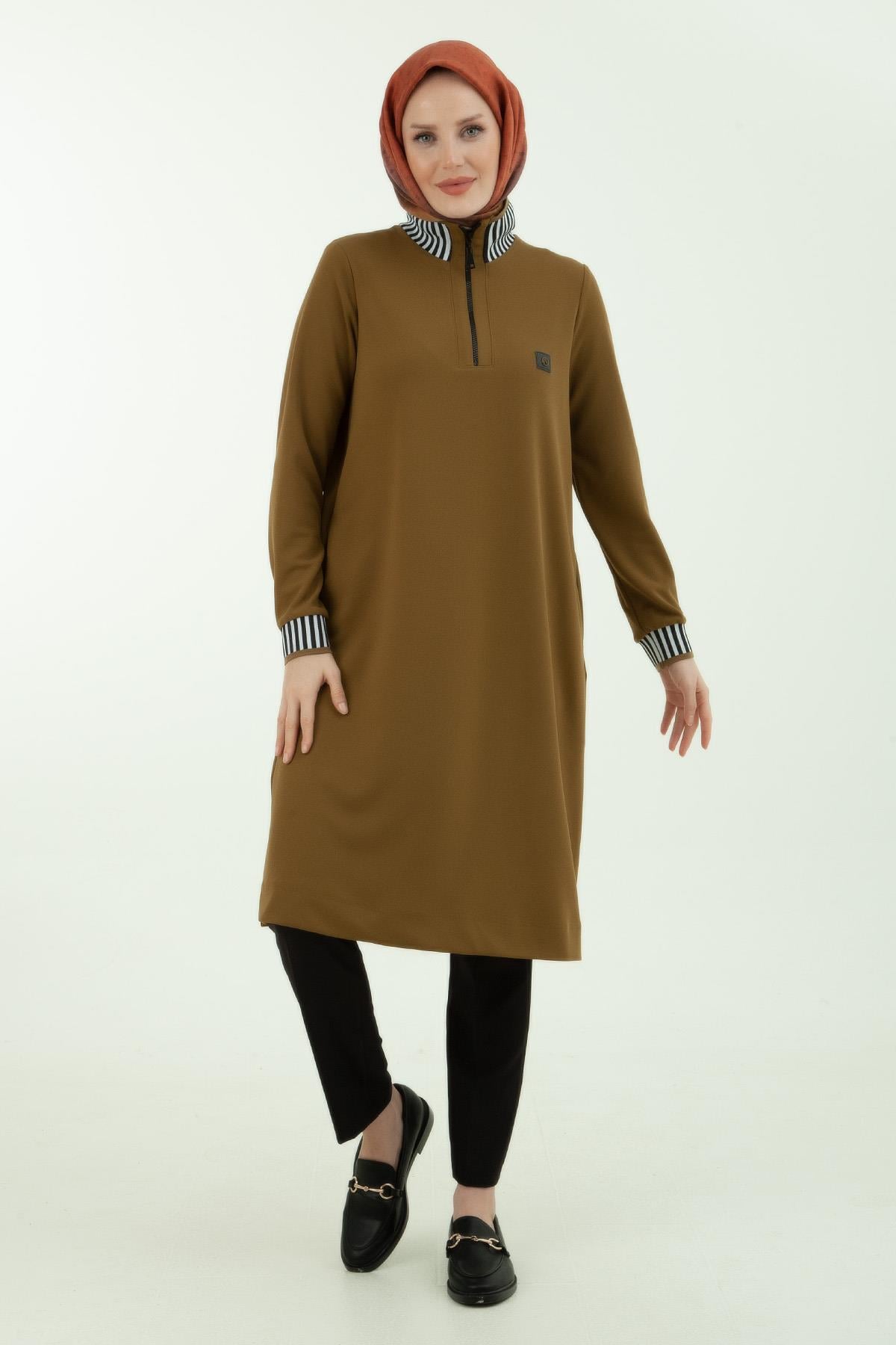 Armine Trend Çizgi Detaylı Lastik Ribana Tunik Olive 23KT423
