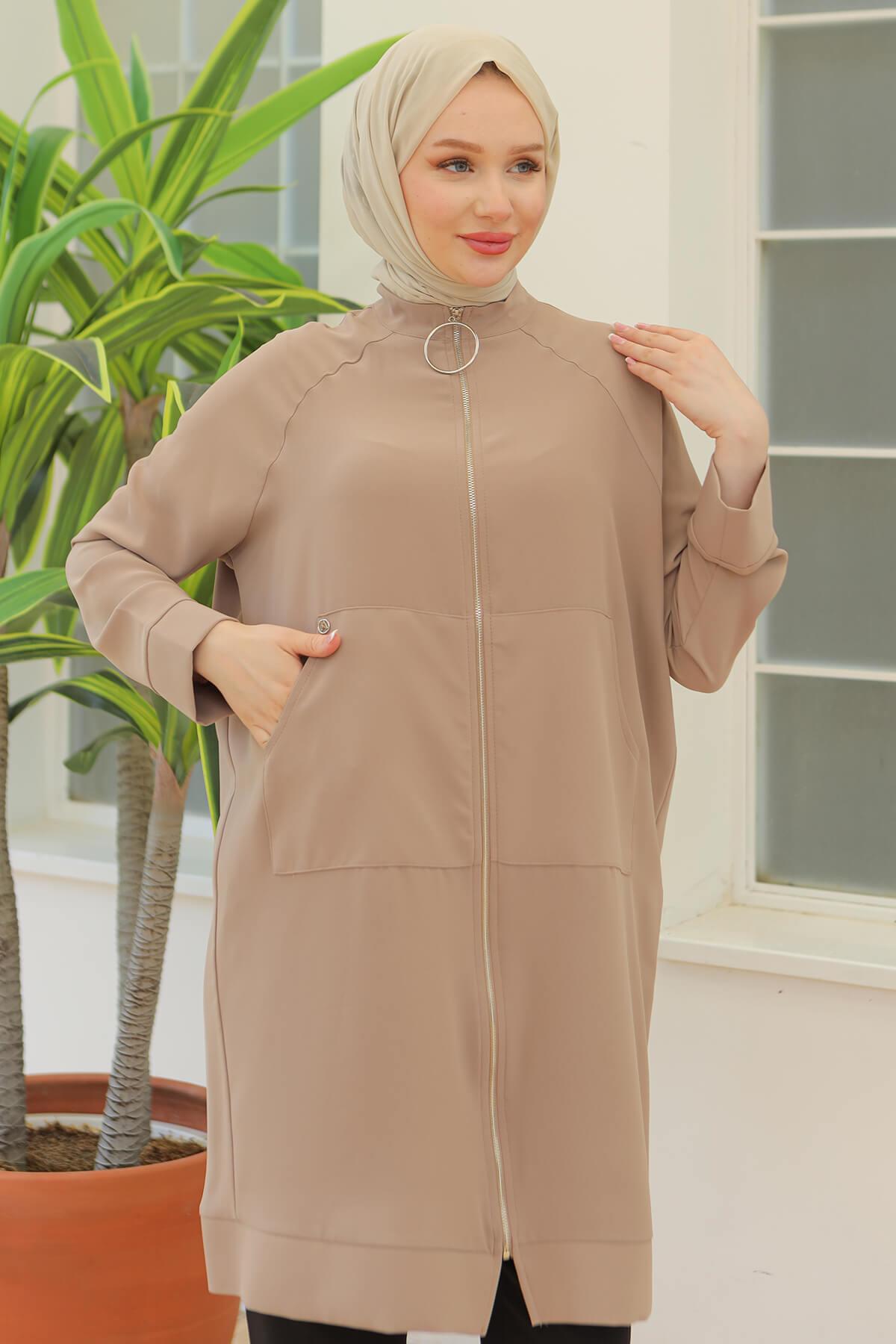 ARMİNE TREND İpek Krep Kumaşlı Sırtı Yıldızlı Fermuarlı Tunik Bej 24YT560