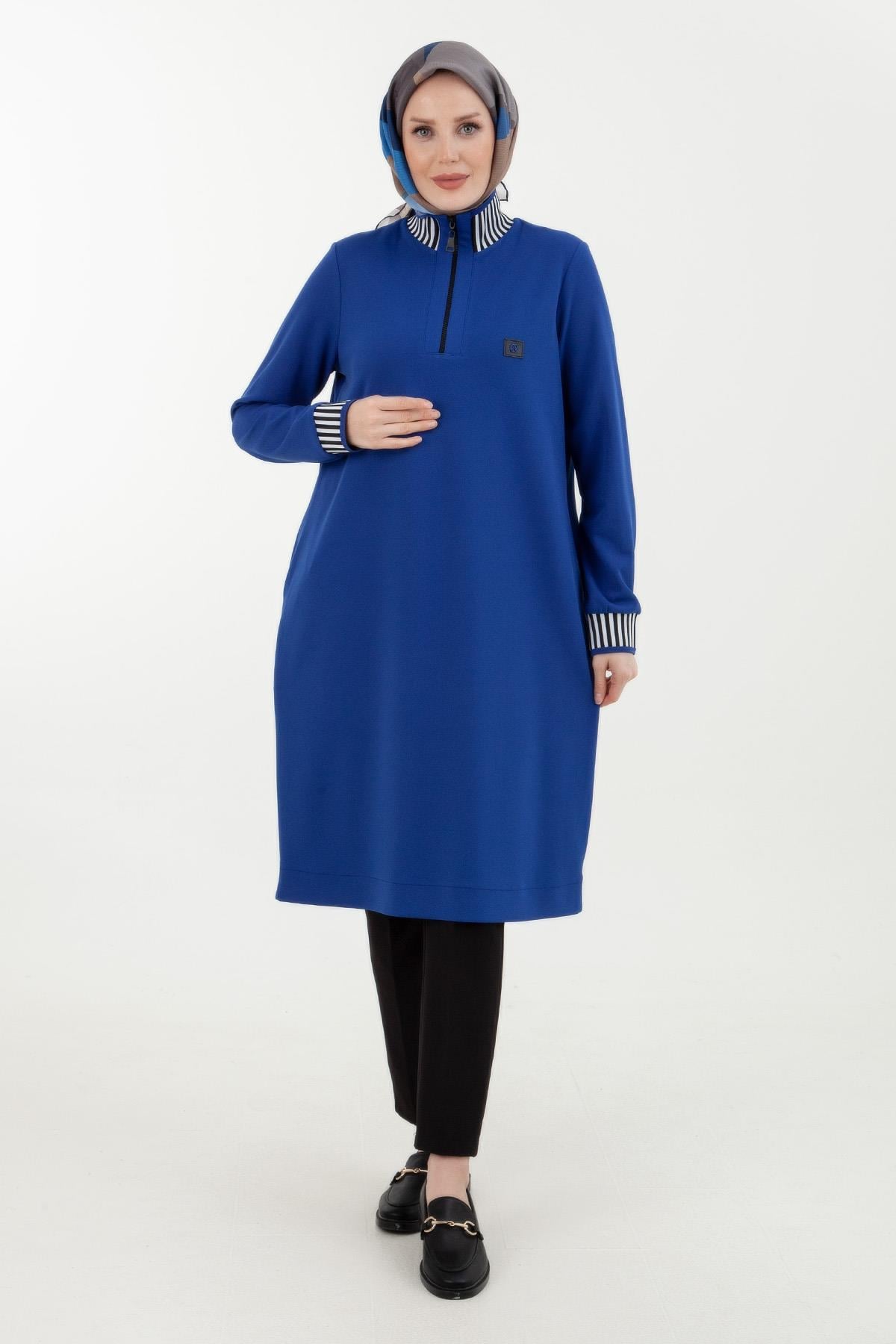 Armine Trend Çizgi Detaylı Lastik Ribana Tunik Saks 23KT423