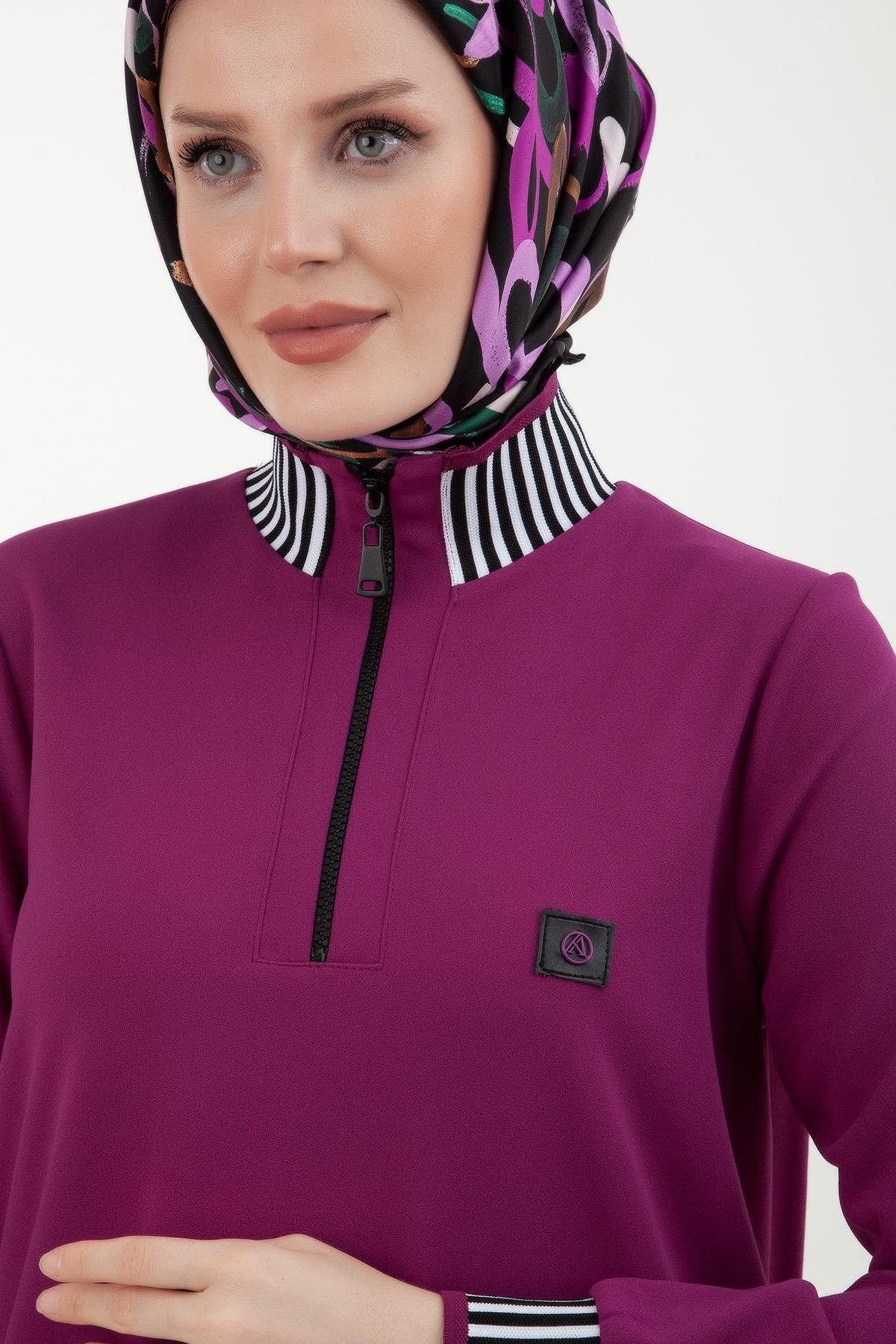 Armine Trend Çizgi Detaylı Lastik Ribana Tunik Erguvan 23KT423