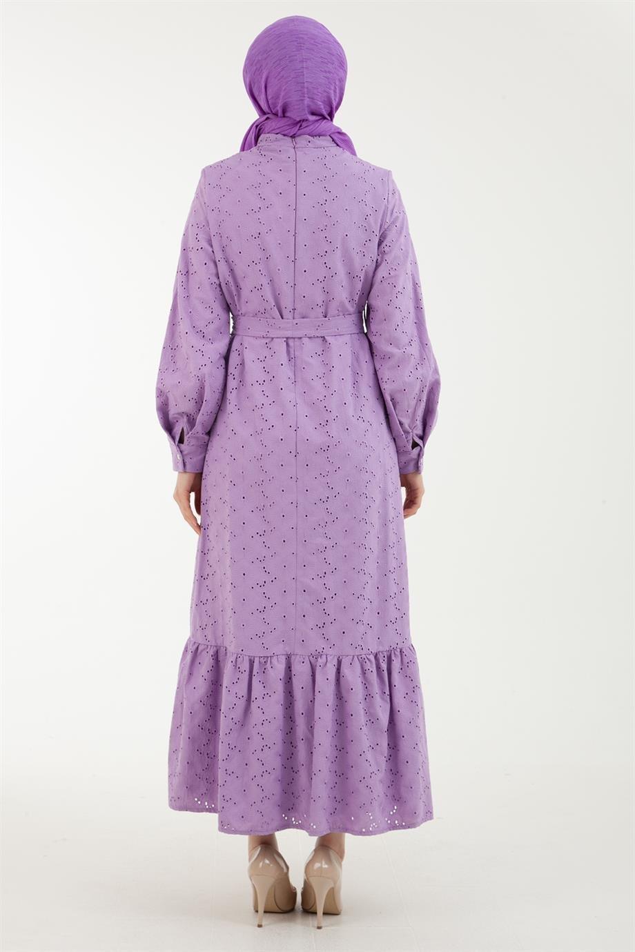 ARMİNE TREND Güpür Detaylı Arkadan Fermuarlı Belden Bağlamalı Elbise-Lila 23YT932