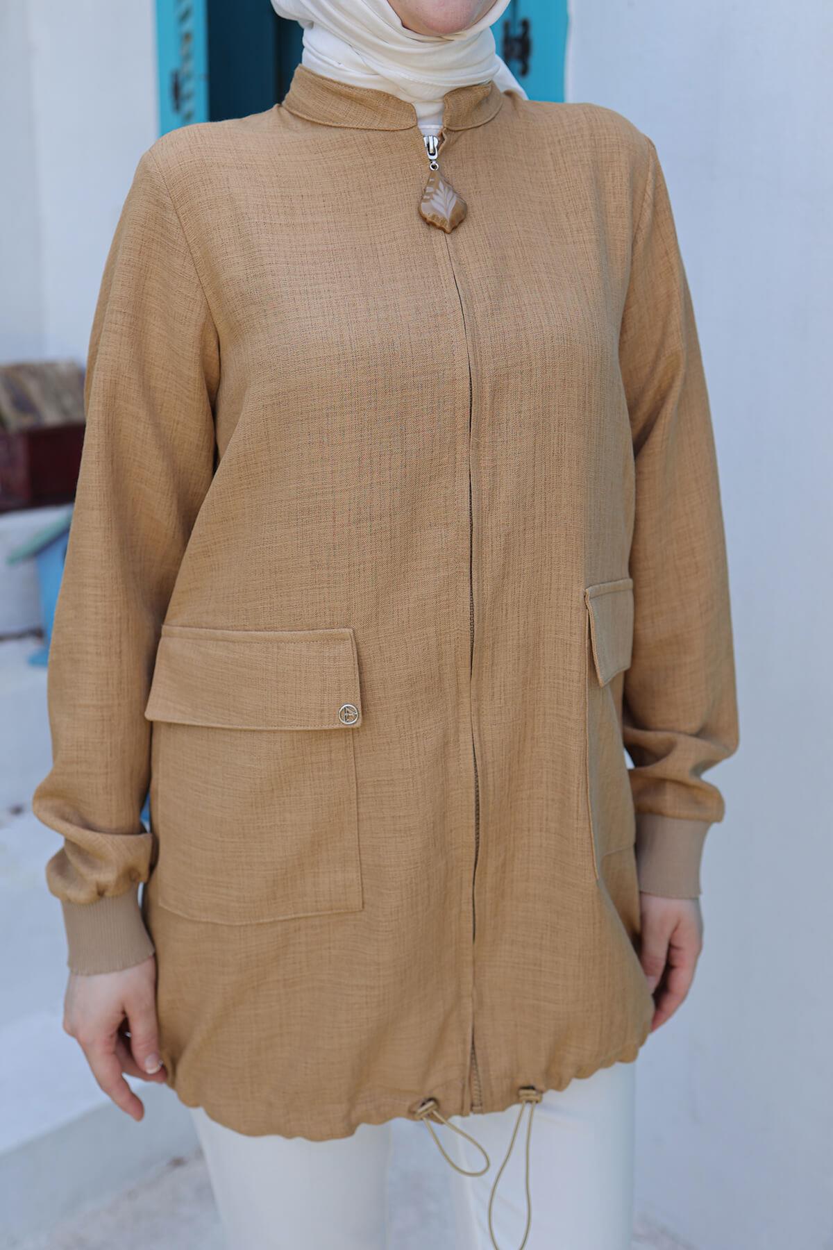 ARMİNE TREND Kolları Ribanalı Etek Ucu Lastikli Keten Tunik Camel 24YT534