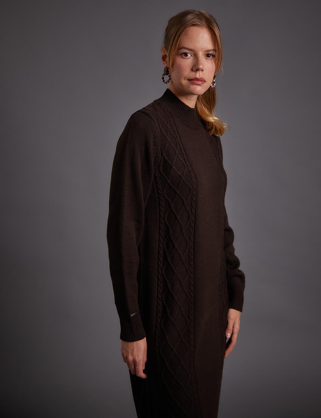 KA-A22-TRK20 Kayra Yarım Balıkçı Yaka Triko Elbise Kahve