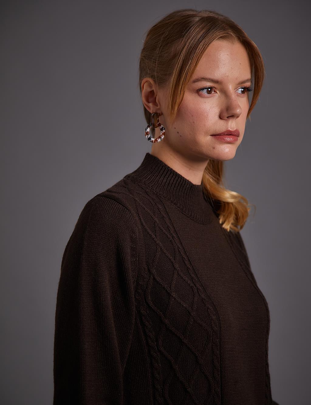 KA-A22-TRK20 Kayra Yarım Balıkçı Yaka Triko Elbise Kahve