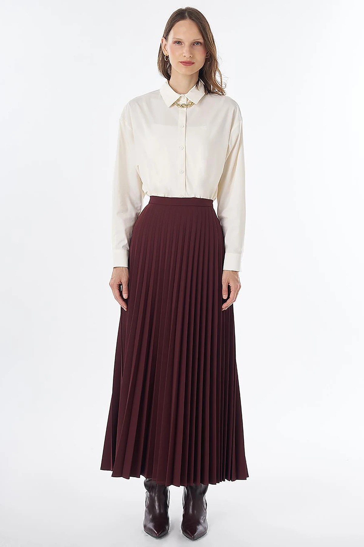 KAYRA Basic Piliseli Etek Bordo KA-SZ-12508