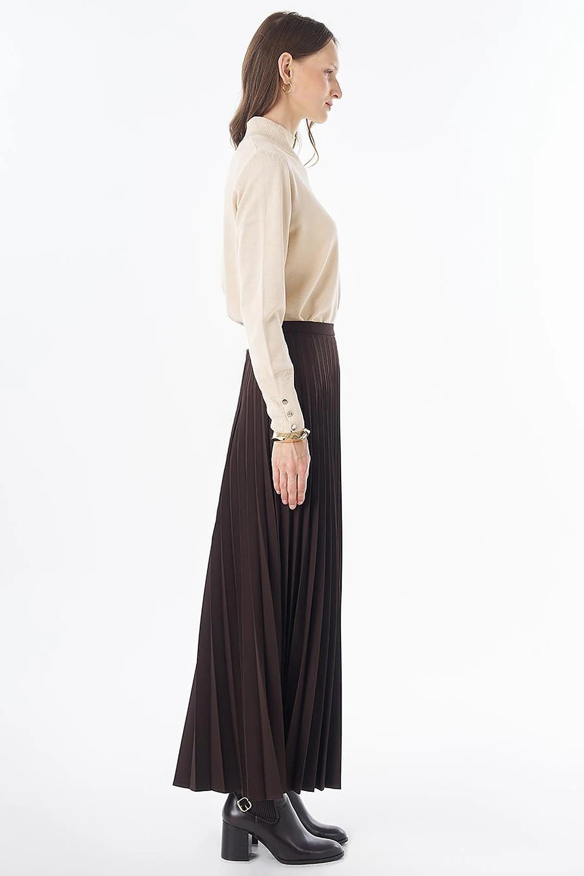 KAYRA Basic Piliseli Etek Kahve KA-SZ-12508