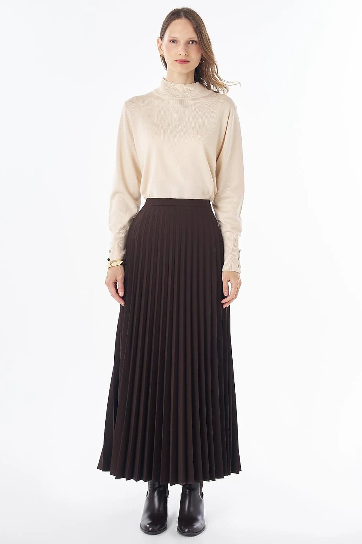 KAYRA Basic Piliseli Etek Kahve KA-SZ-12508