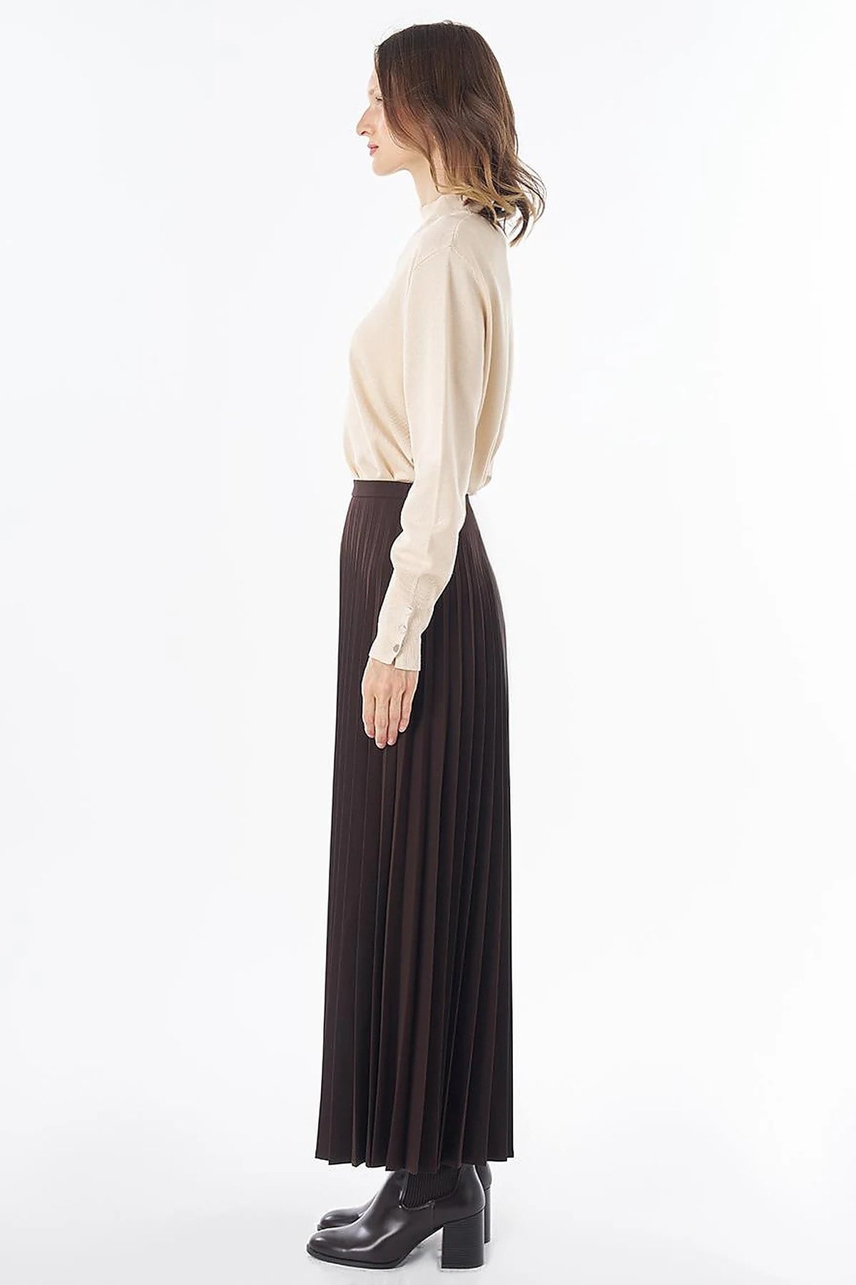 KAYRA Basic Piliseli Etek Kahve KA-SZ-12508