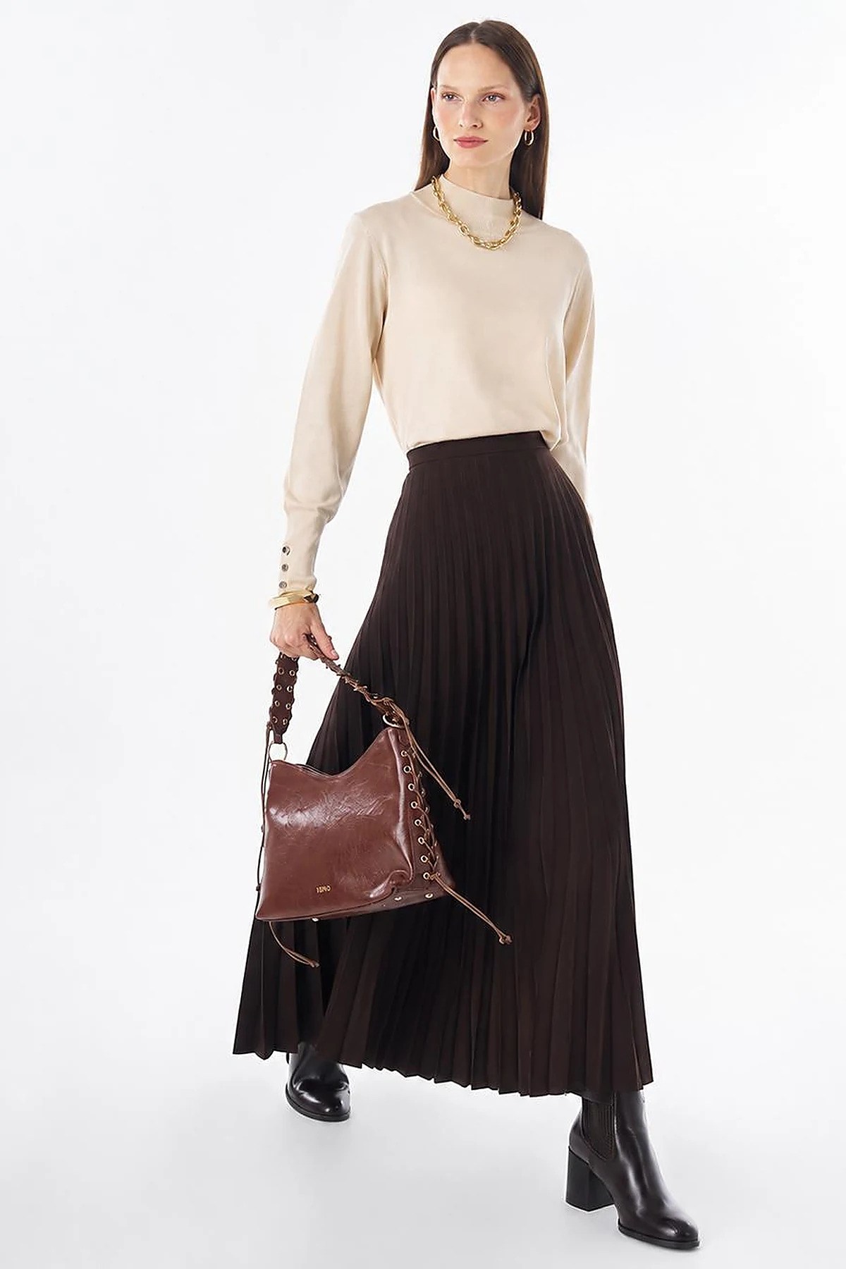 KAYRA Basic Piliseli Etek Kahve KA-SZ-12508