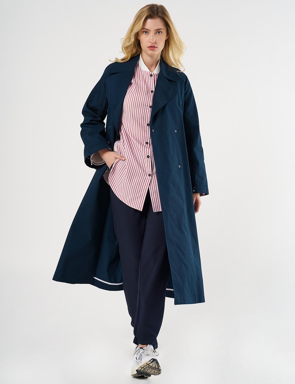 Kayra Bilekleri Lastikli Kruvaze Trençkot Koyu Lacivert KY-B25-74009