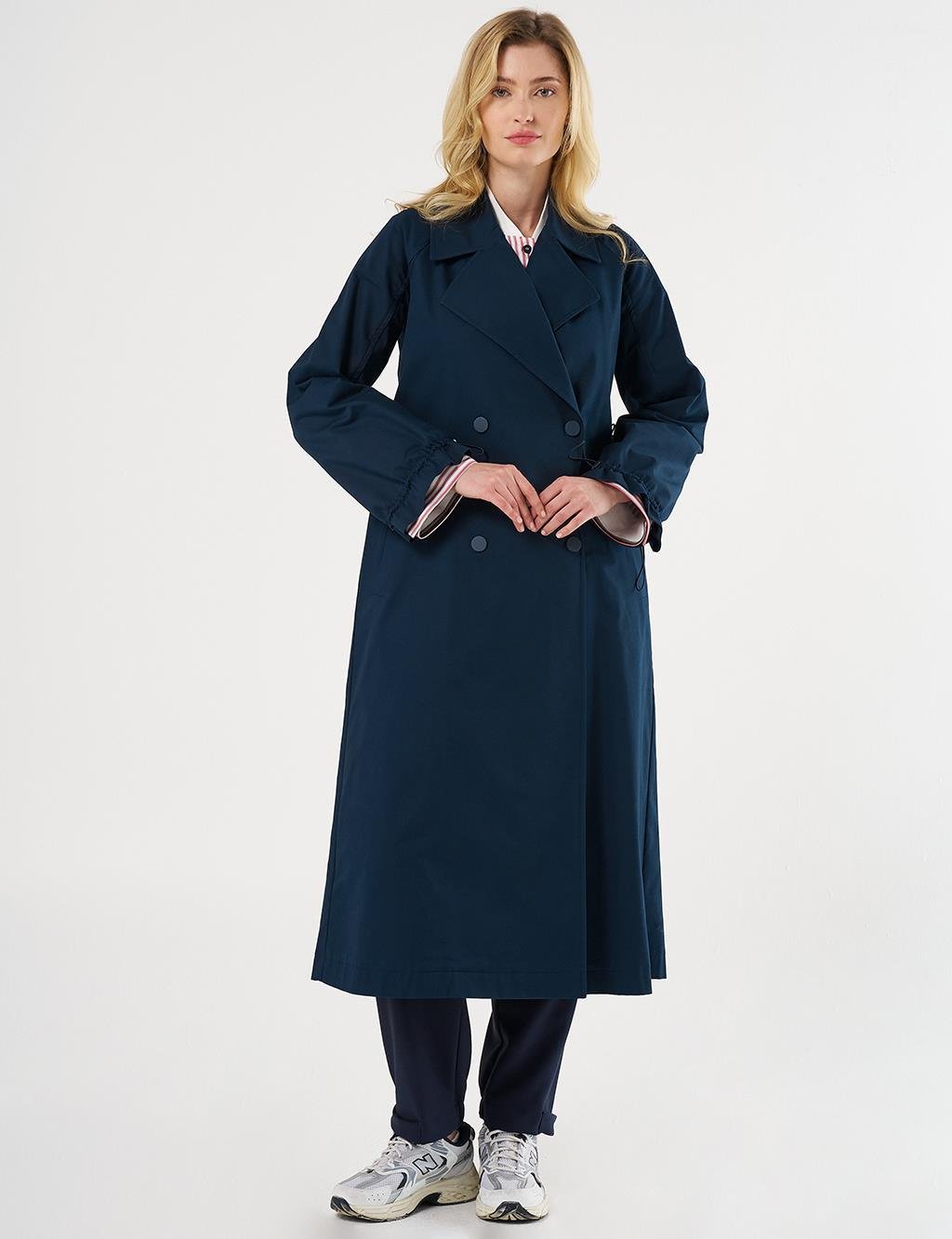 Kayra Bilekleri Lastikli Kruvaze Trençkot Koyu Lacivert KY-B25-74009