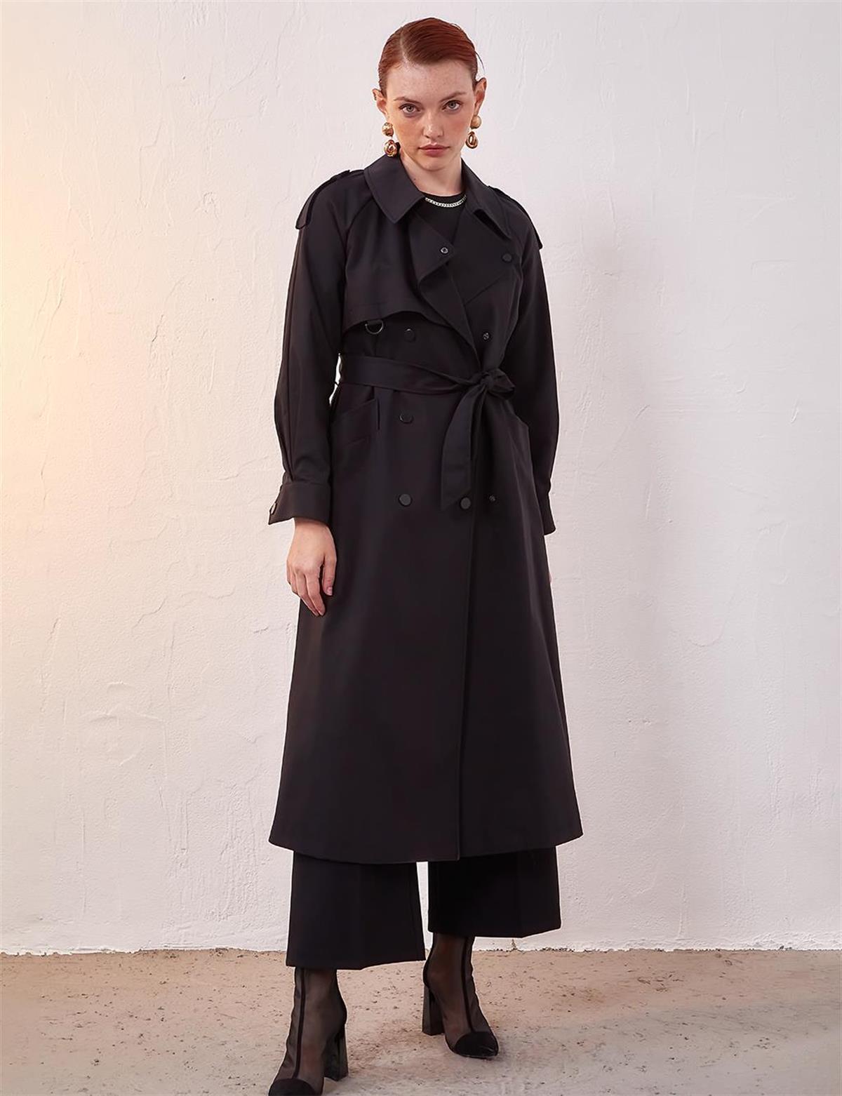 Kayra Kuşaklı Çıtçıtlı Trençkot Siyah KA-A23-14034
