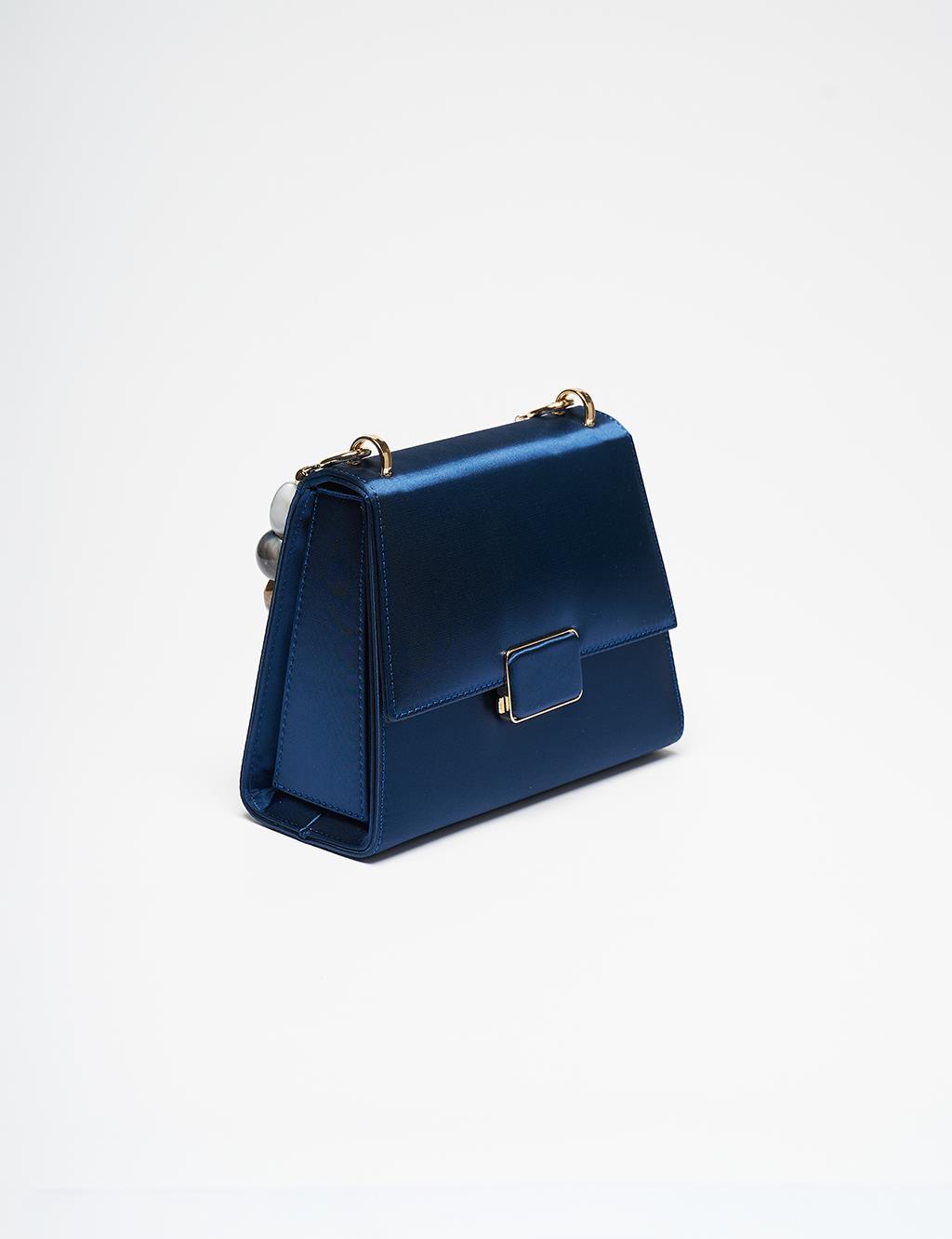 Kayra Metal Aksesuarlı Boncuklu Kapaklı Saten Çanta İndigo KA-B25-CNT66