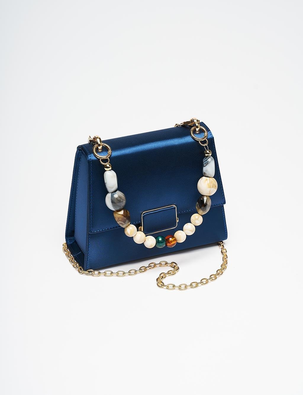 Kayra Metal Aksesuarlı Boncuklu Kapaklı Saten Çanta İndigo KA-B25-CNT66