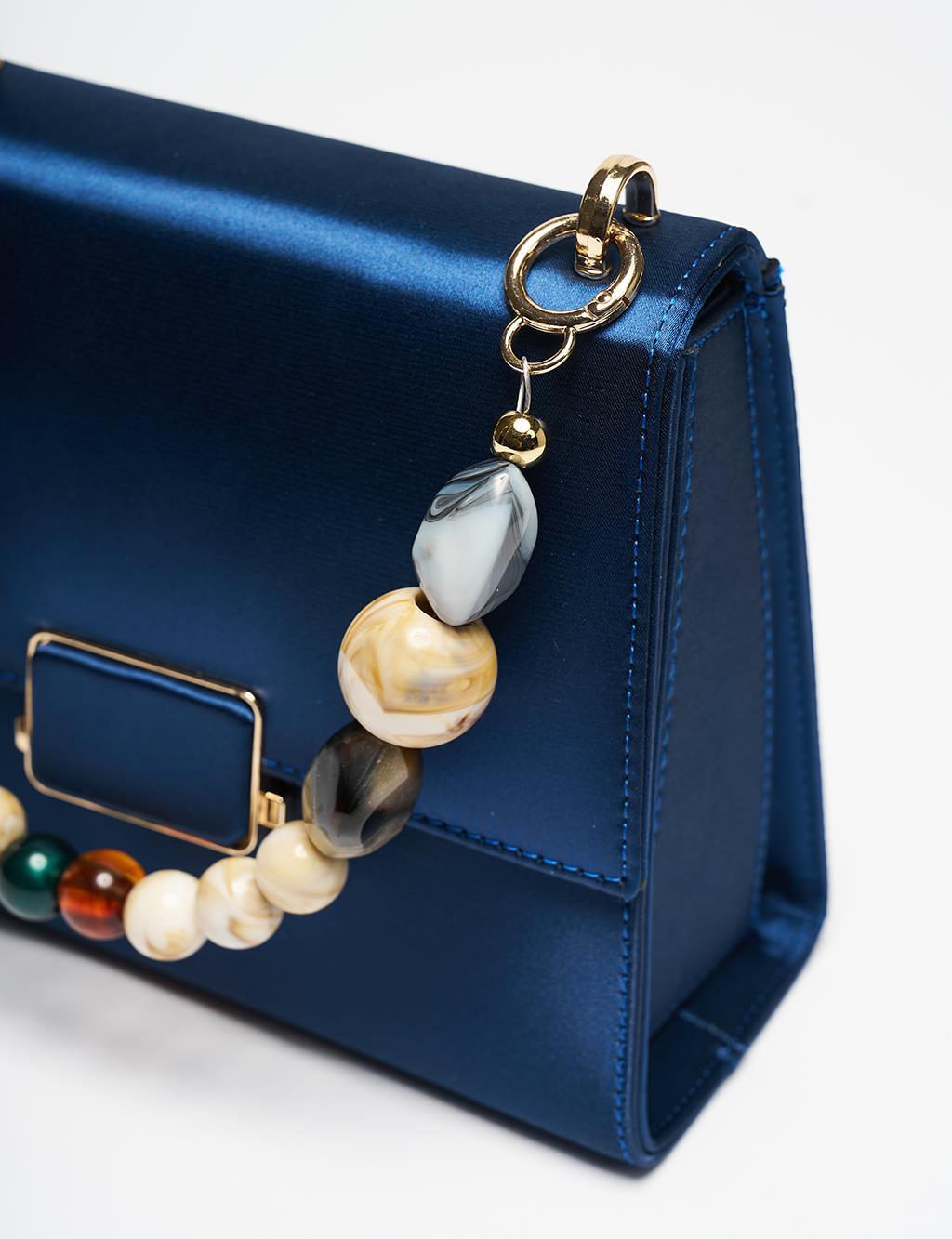 Kayra Metal Aksesuarlı Boncuklu Kapaklı Saten Çanta İndigo KA-B25-CNT66