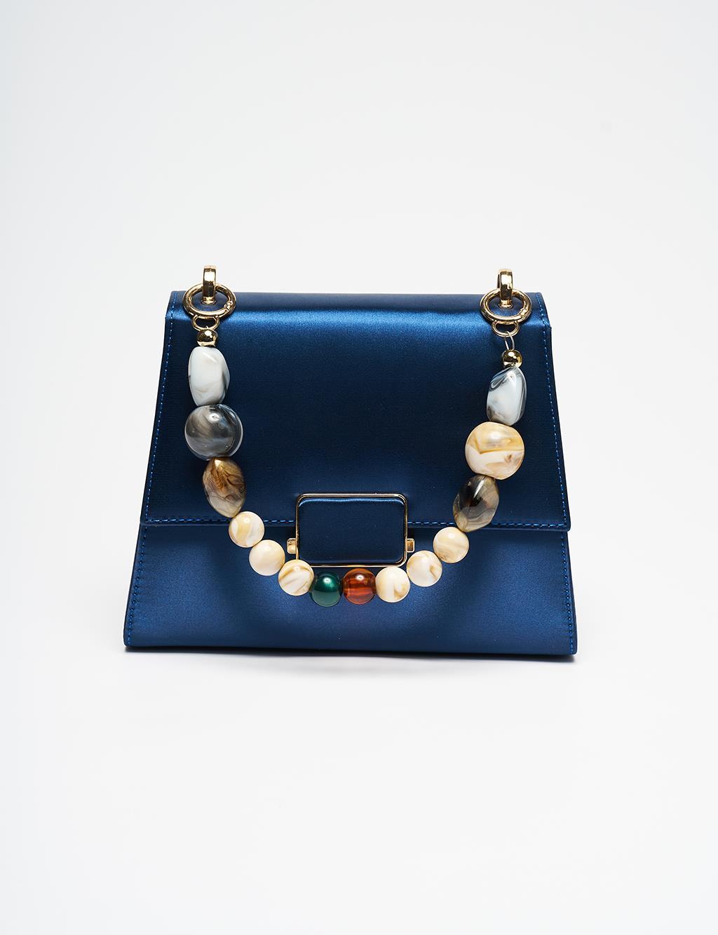 Kayra Metal Aksesuarlı Boncuklu Kapaklı Saten Çanta İndigo KA-B25-CNT66