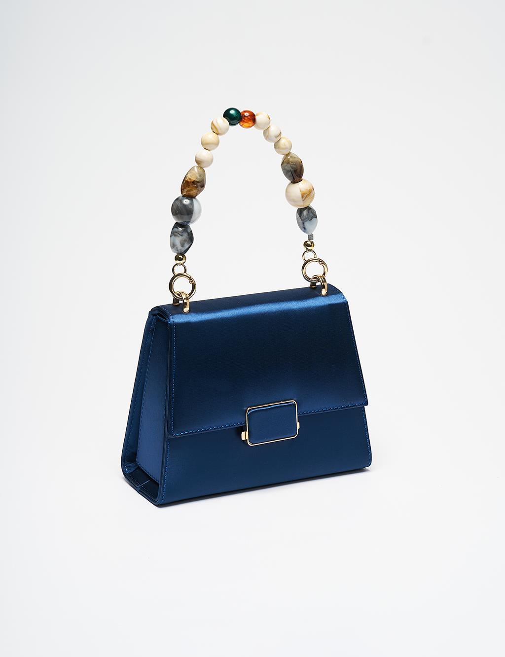 Kayra Metal Aksesuarlı Boncuklu Kapaklı Saten Çanta İndigo KA-B25-CNT66