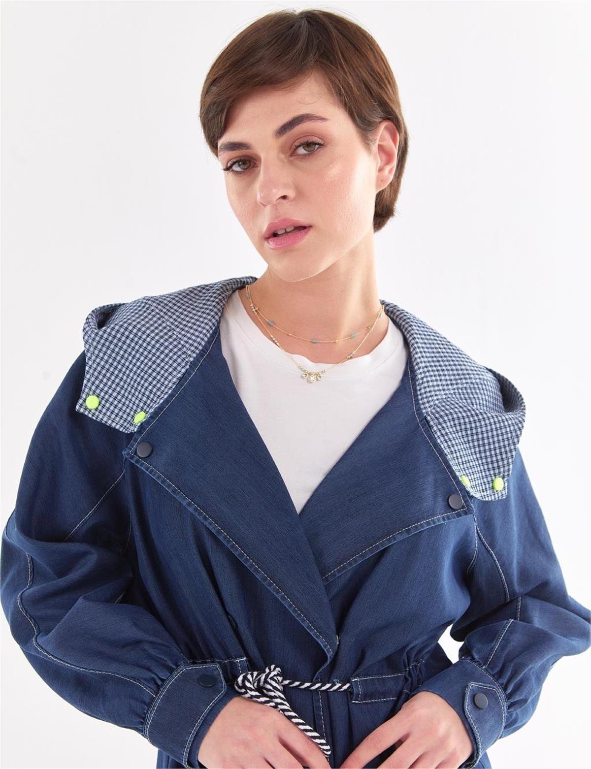 KAYRA Punto Dikişli Denim Trençkot KA-B23-14002 Lacivert