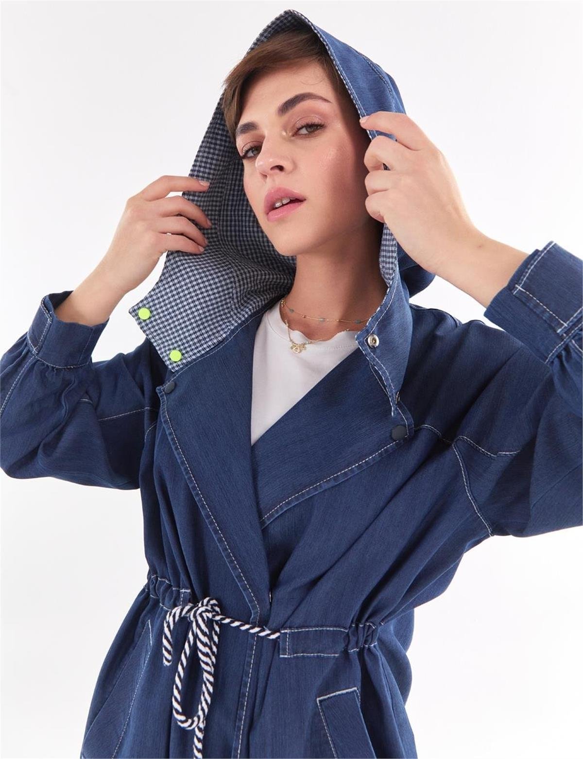 KAYRA Punto Dikişli Denim Trençkot KA-B23-14002 Lacivert
