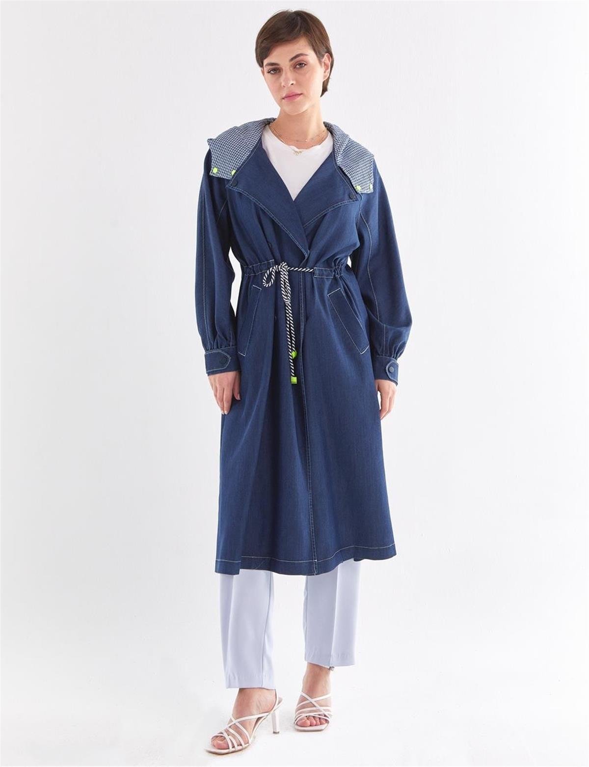 KAYRA Punto Dikişli Denim Trençkot KA-B23-14002 Lacivert