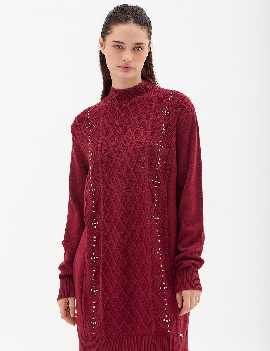 Kayra Taşlı Triko Tunik Bordo KA-A23-TRK15