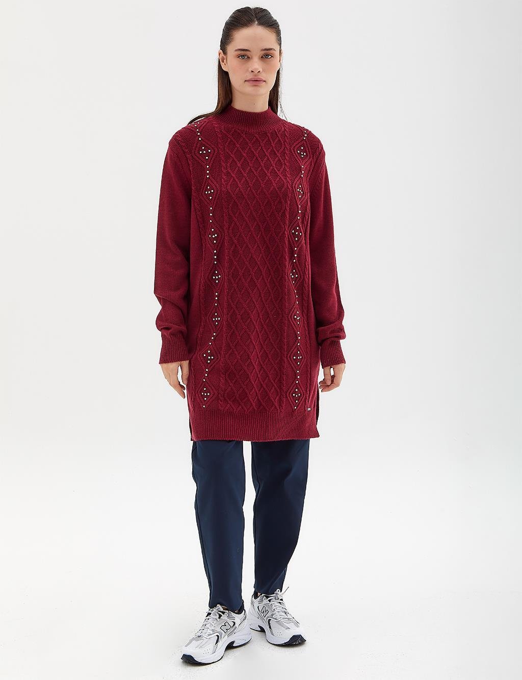 Kayra Taşlı Triko Tunik Bordo KA-A23-TRK15
