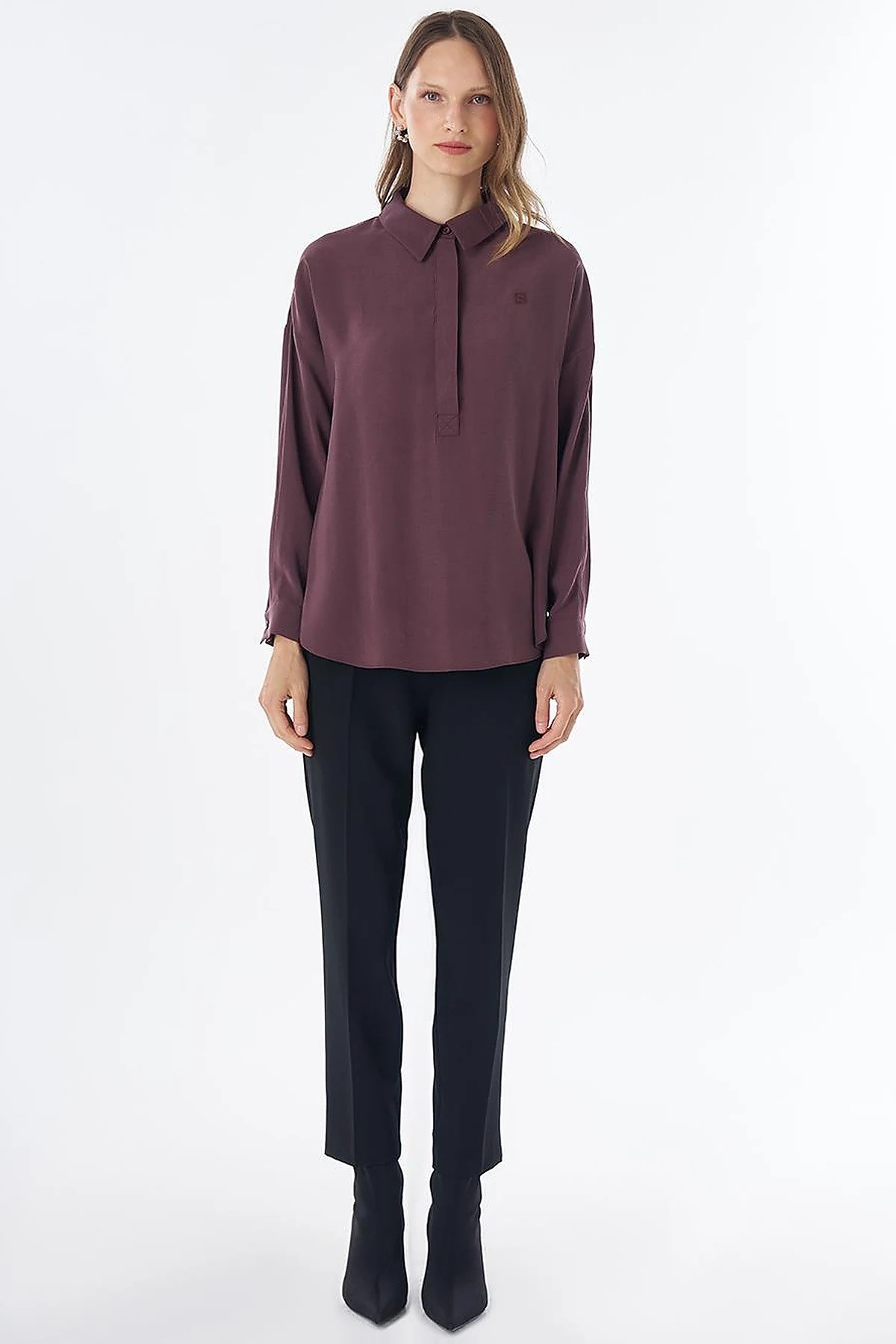 Kayra Yarım Pat Basic Bluz Bordo KA-SZ-10512